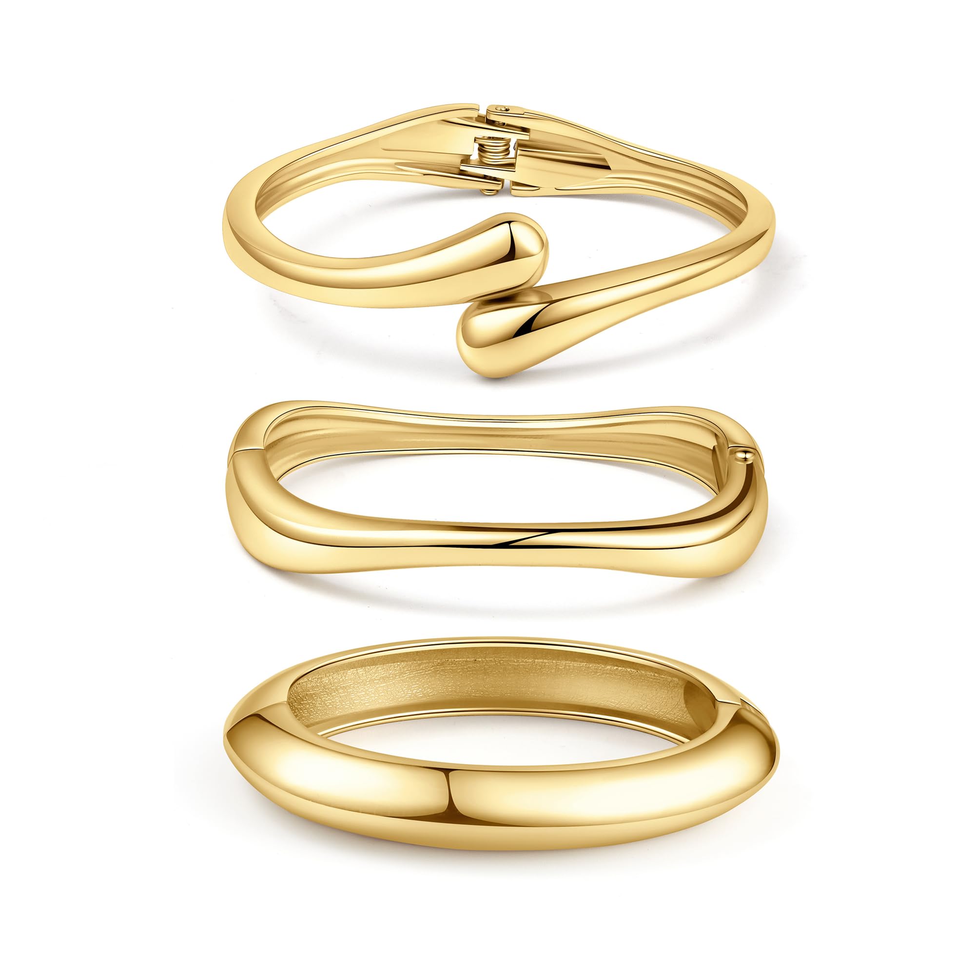 WAINIS 3Pcs Chunky Gold Bangle Bracelets for Women | Trendy Wide Wrist Cuff Bracelets,Golden Silver Stack Statement Bangles Fashion Gift