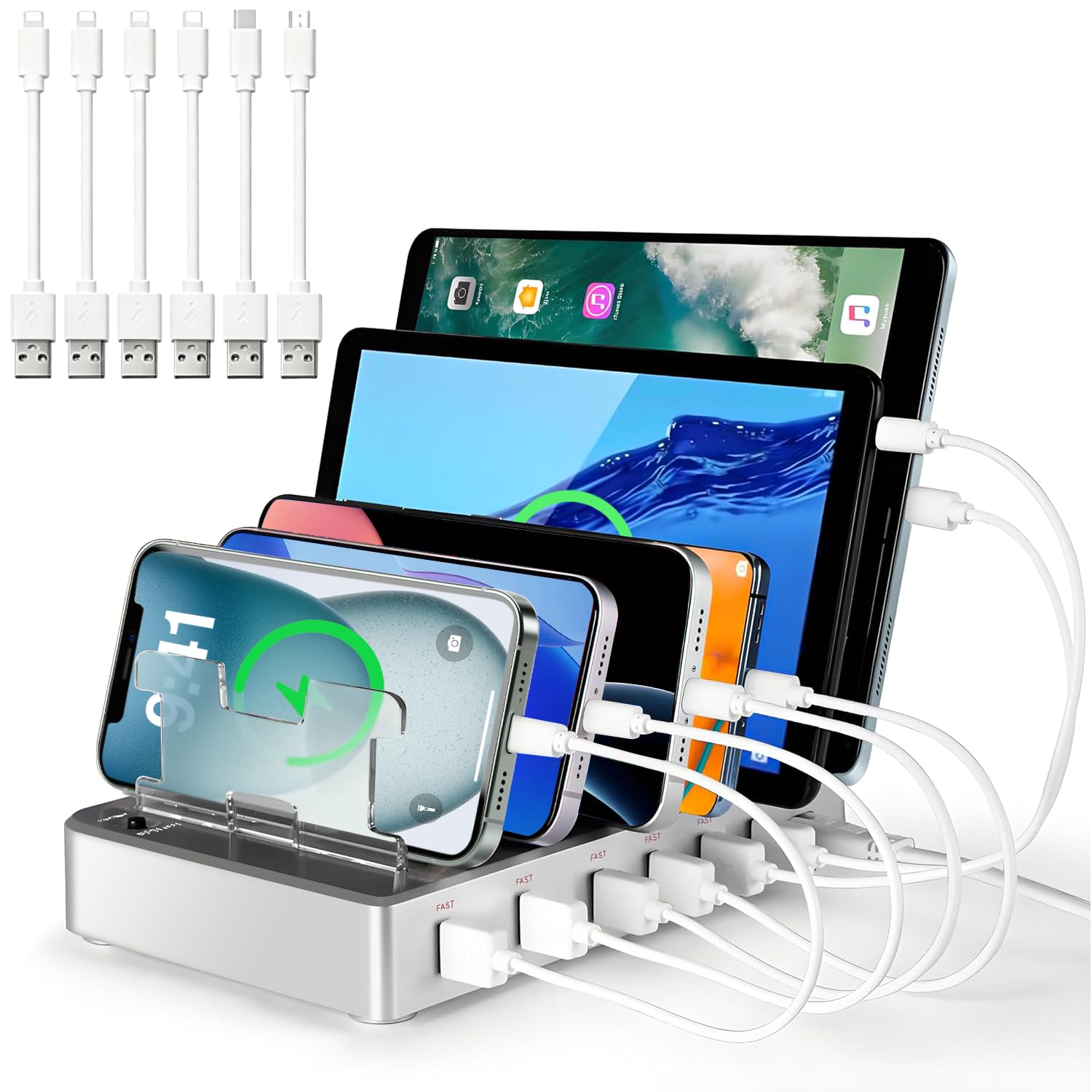 Stacja ładująca do wielu urządzeń, szybkie ładowanie 300 W, 6-portowa stacja ładująca, kompatybilna z iPhone'em, iPadem, tabletami z systemem Android, organizer podróżny do domowego biura