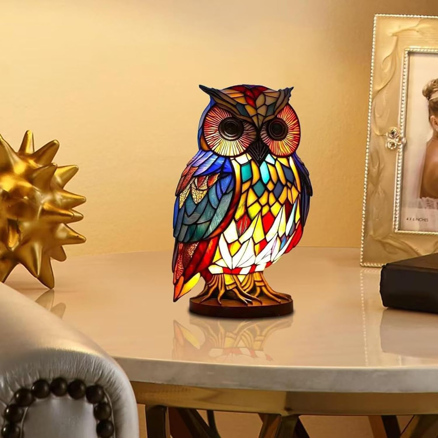 Retro Stained Glass Owl Night Light Lamp for Bedroom Living Room Dining Room Nursery Office Home Decoration