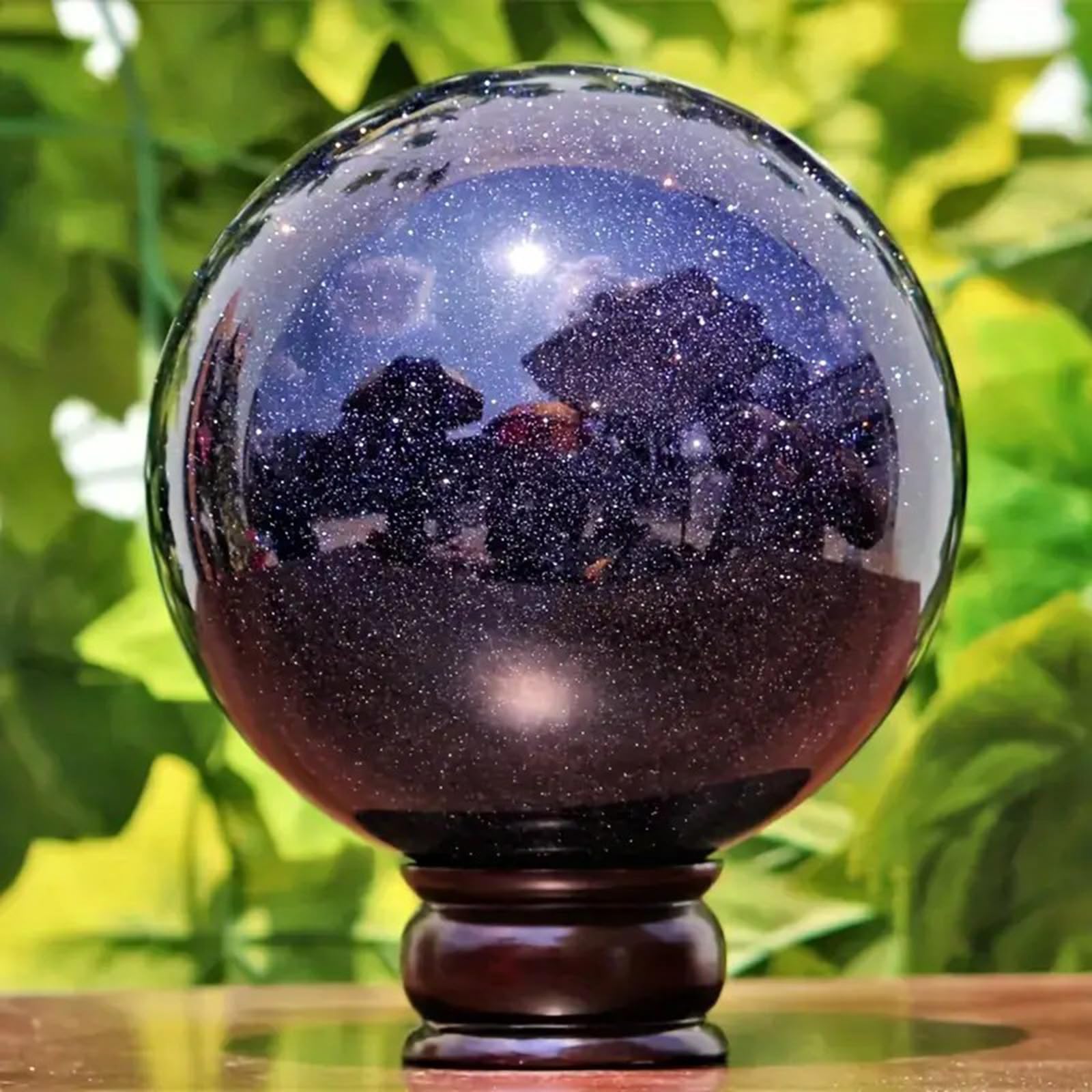 Bola de Cristal Sintético con Esfera de Piedra Dorada Azul con Soporte de Madera, Cristal Curativo de Chakras, Manualidades Reiki, Sala de Estar, Oficina, Decoración del Hogar,7~7.5cm