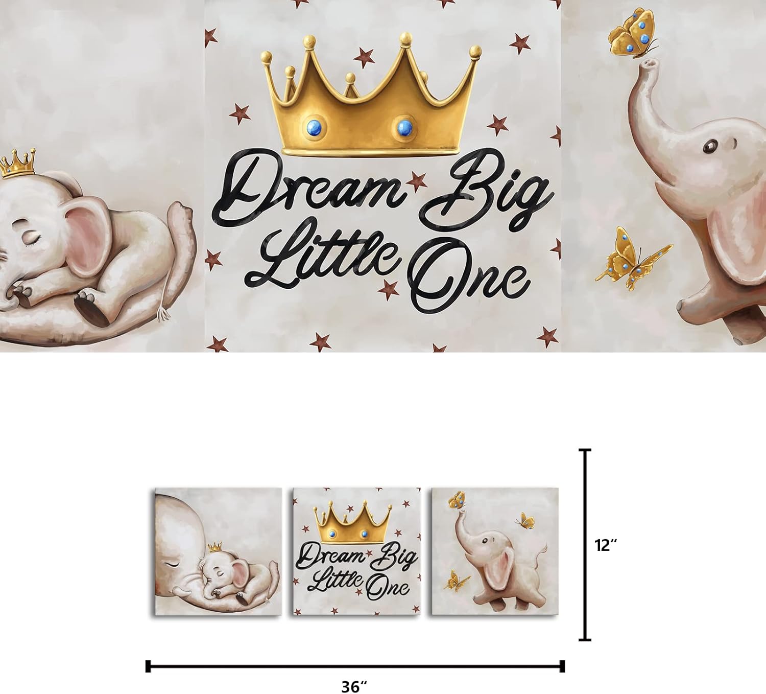 Visual Art Decor 3 Pieces Cute Little Elephant Dream Big Painting Canvas Wall Art Prints Animal Picture for Kids Bedroom Nursery Room Artwork,Framed 12inx12inx3Pieces