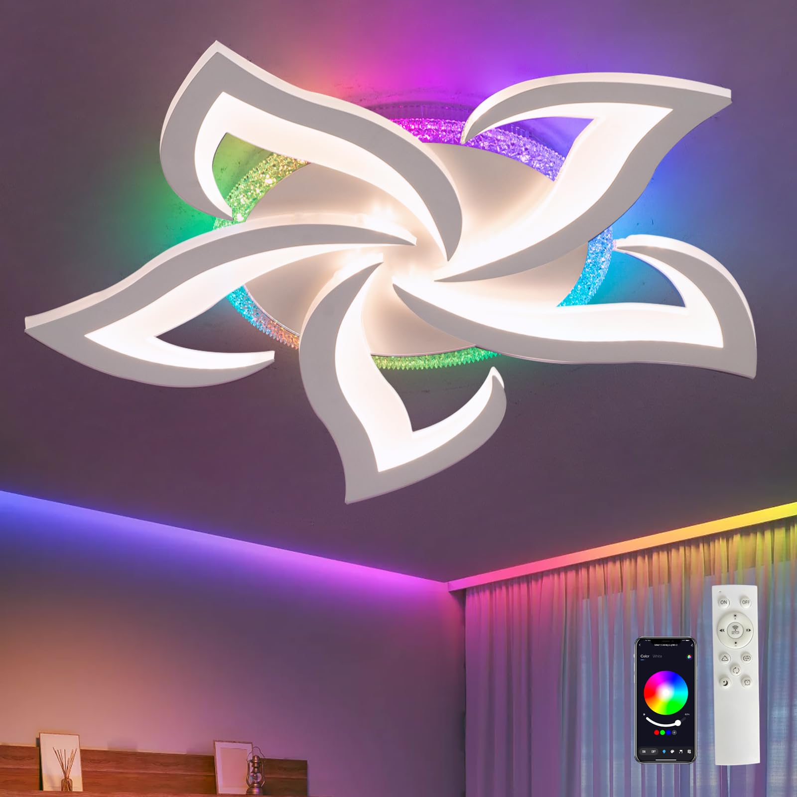 RGB Deckenleuchte Mit Veränderbare Farbe, Dimmbar LED Lampen Mit Fernbedienung Und App, 3000K-6500K Deckenleuchte Für Wohnzimmer Und Schlafzimmer, RGB Weiß