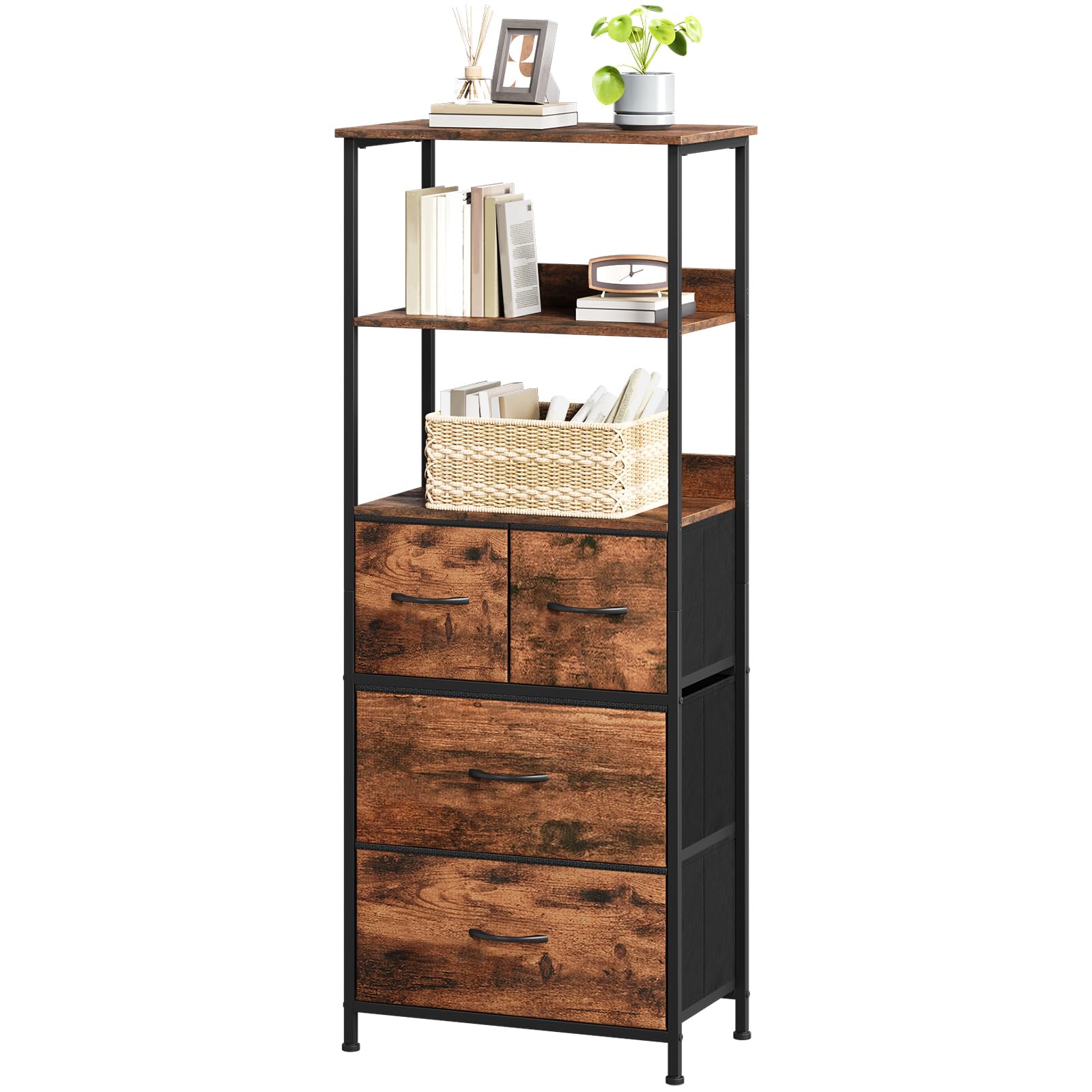 Somdot 5-Tier Bookcase, Freestanding Bookcase for Living Room Bedroom Home Office, Tall Bookshelf with 4 Fabric Storage Drawers, Shelving Unit Open Storage Display Shelf, Wood Grain Print