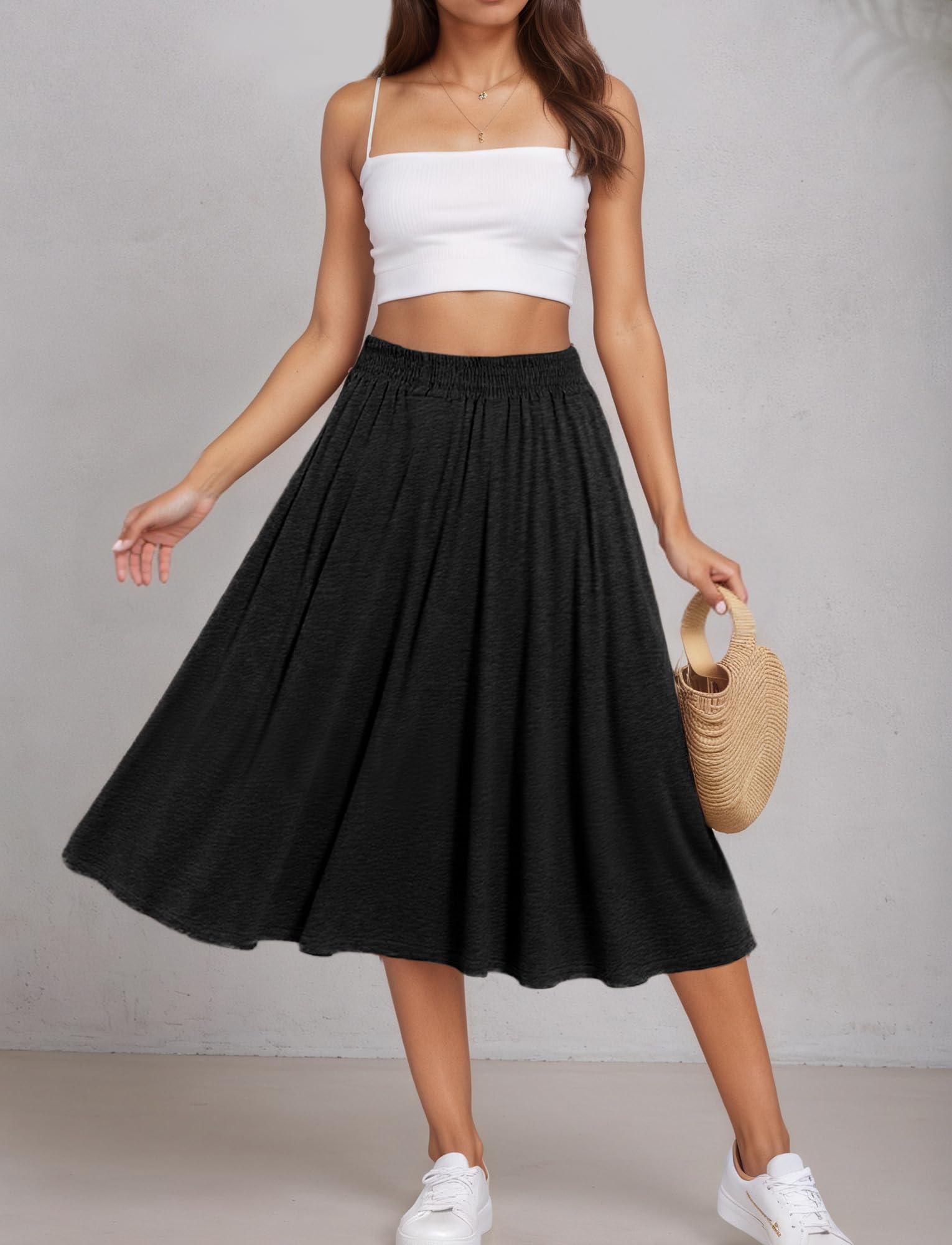 Jupes pour Femmes Jupe Mi-Longue Haute Taille Élégante Jupes de Sport Décontractée Unie avec Poches A-Ligne Jupe Plissée Taille Élastique