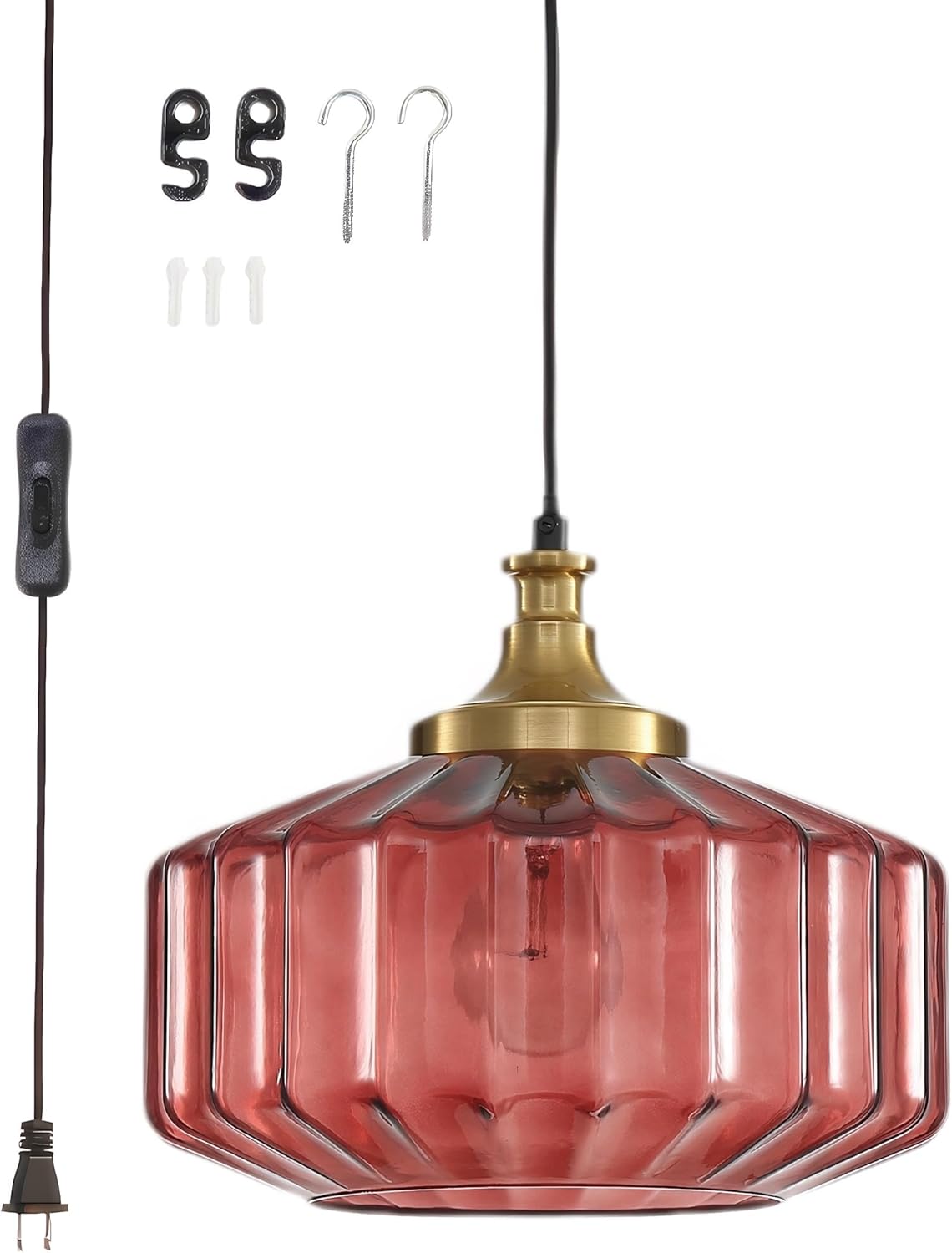 Plug in Pendant Light, 11-inch Hanging Lights Brushed Gold Hanging Lights Base with Red Hand-Blown Glass Lampshade, Hanging Light Plug in for Kitchen Island Dining Room