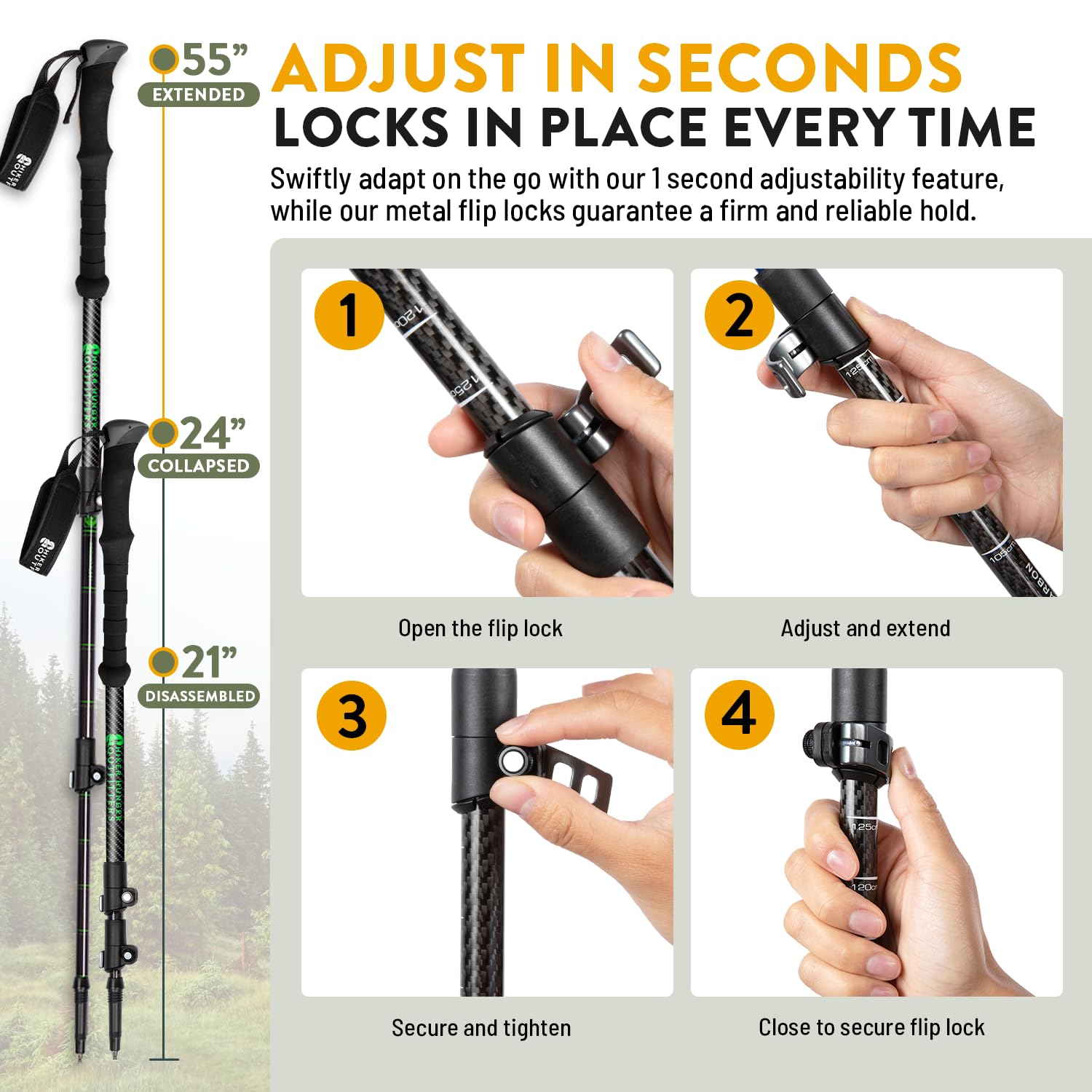 100% Carbon Fiber Trekking Poles by USA Brand - Ultra Strong Lightweight Collapsible Hiking Poles with Cork and Eva Foam Grips & Quick Adjustable Flip Locks