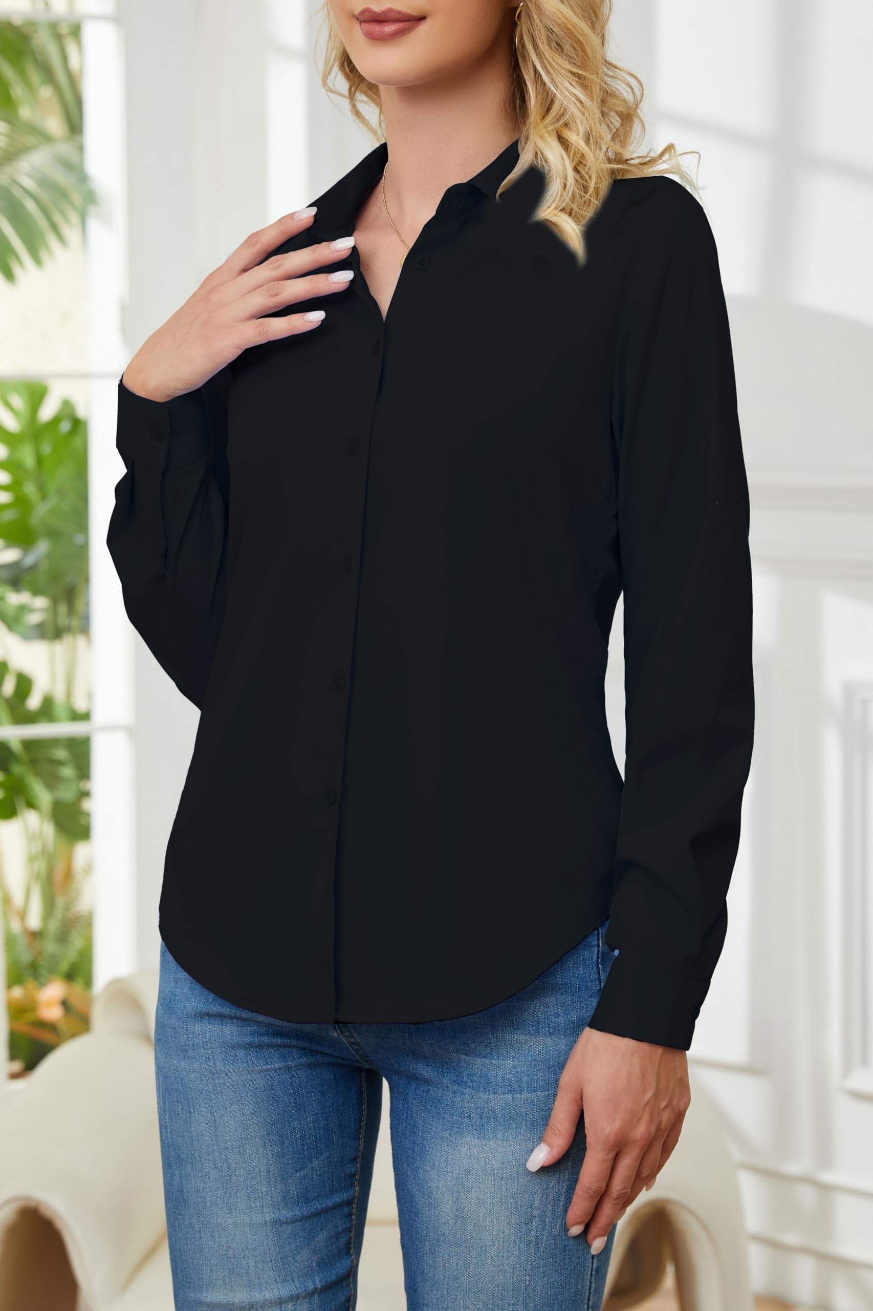 Camisas de manga larga con botones para mujer, sin arrugas, elásticas, para negocios, oficina, trabajo formal