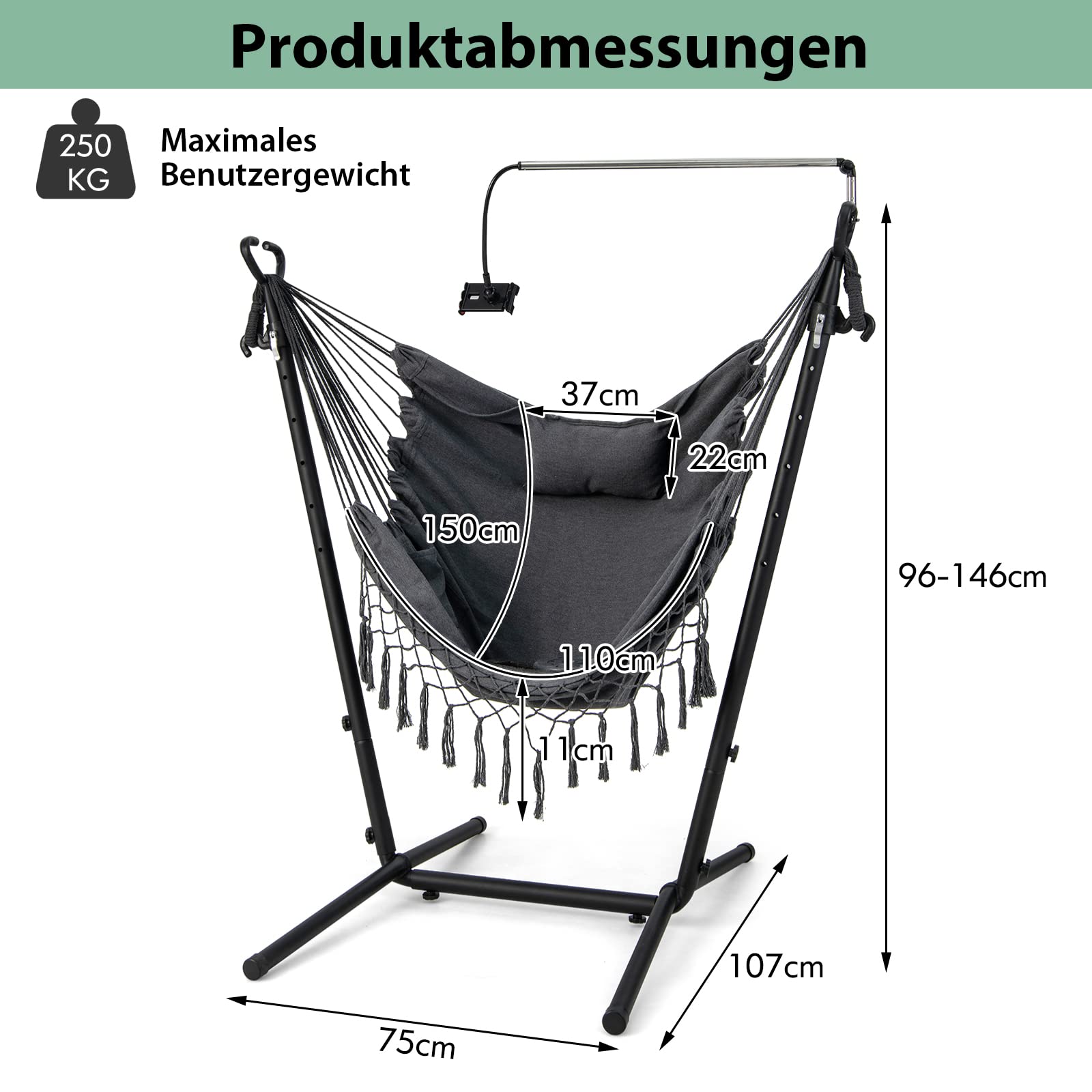 COSTWAY Hängesessel mit Gestell, höhenverstellbarer Hängesitz mit Handyhalter, Kissen & Seitentasche, Hängestuhl Hängeschaukel bis 250 kg belastbar, Hängesesselgestell für Indoor & Outdoor (Grau)