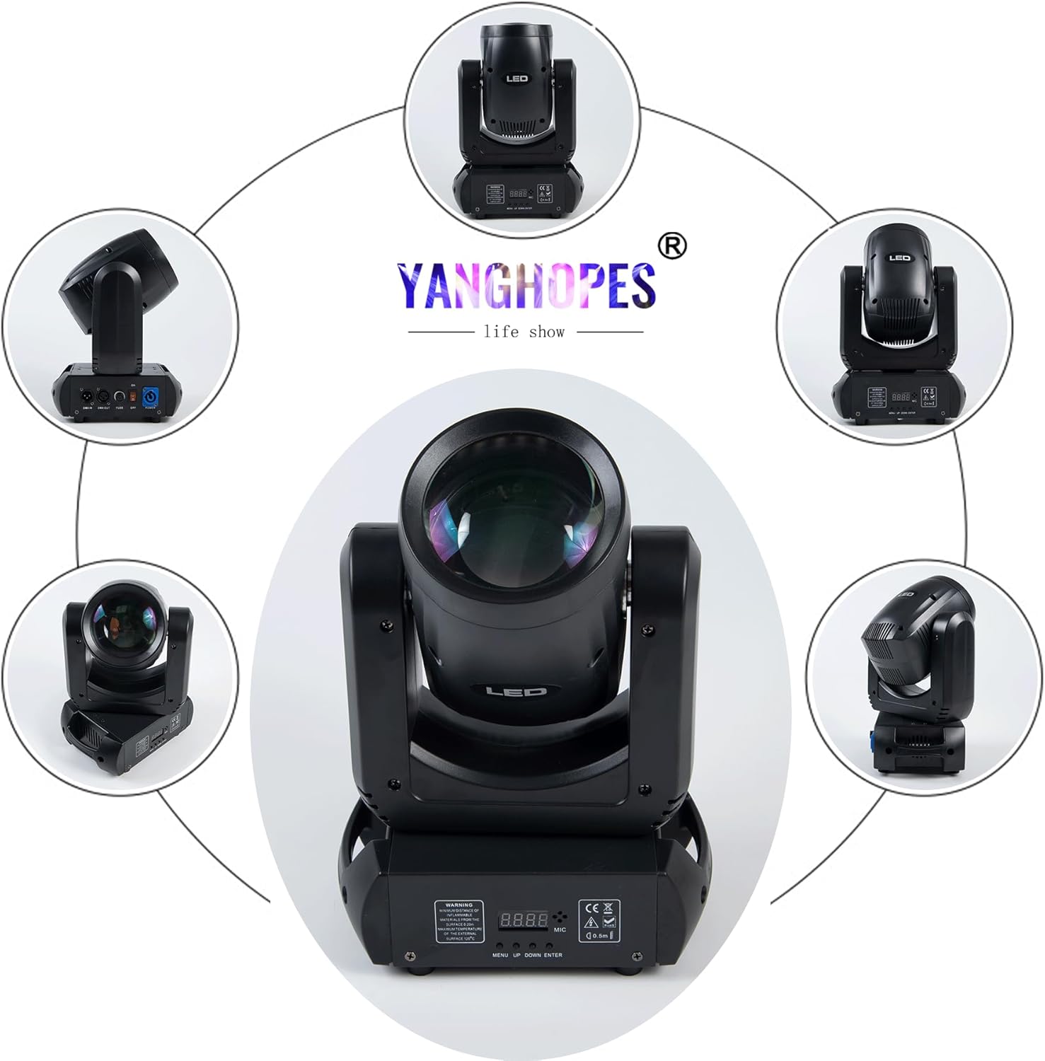 Multiple views of the YANGHOPES 150W RGBW LED Moving Head Beam Spot Light from different angles.