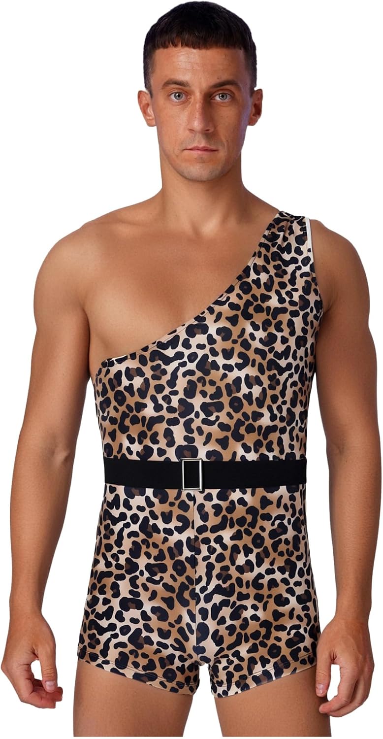 Adult Mens Stone Age Costume Caveman Jungle Bodysuit Halloween Cosplay Outfit with Waist Belt