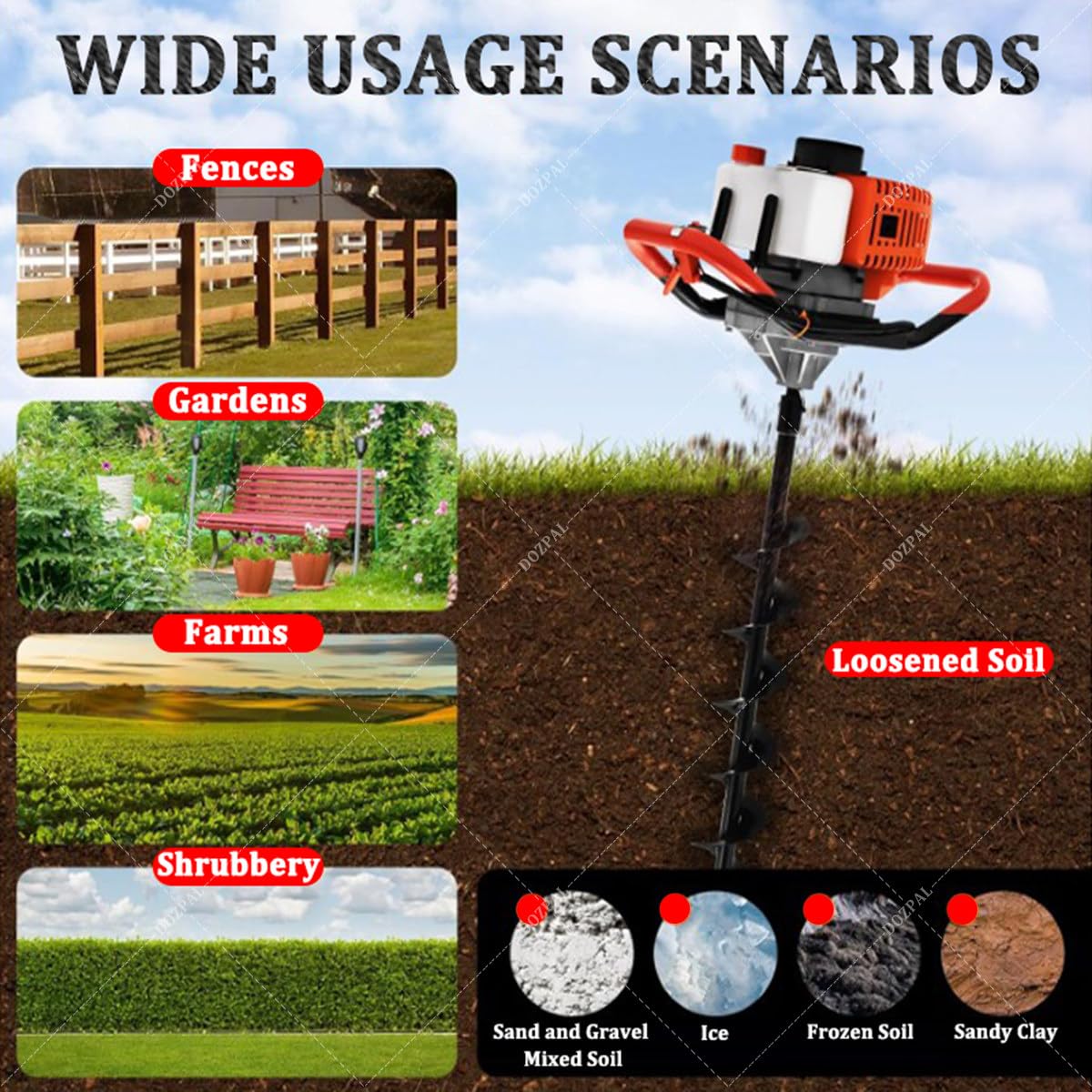 Ahoyador a Gasolina para Postes — Herramienta de 4 Tiempos para la instalación de cercas, plantación de árboles, Postes y arbustos; Perforadora de Tierra, Poste de extensión de 80 cm 12cm