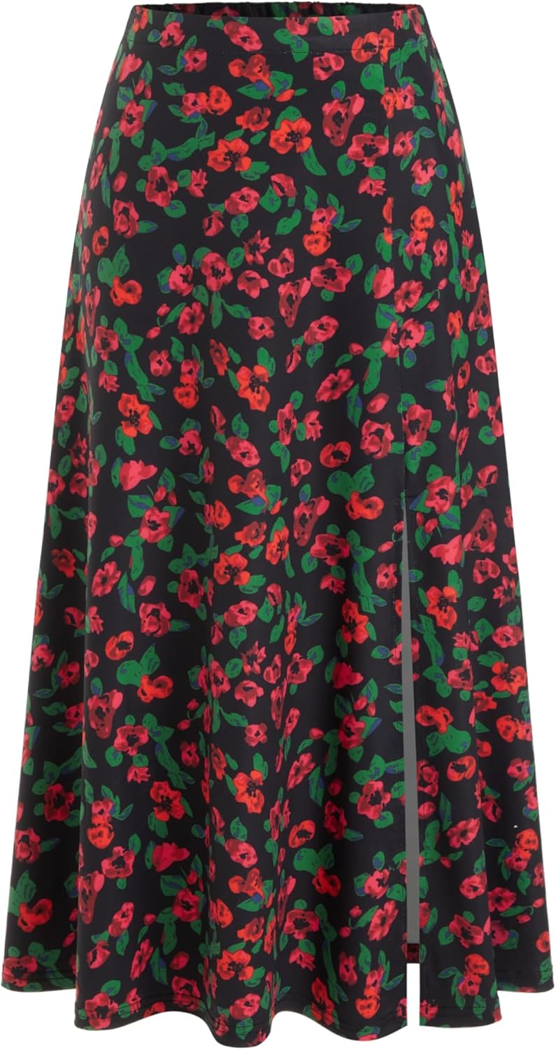 CIDER Womens Long Skirts Floral Elastic High Waisted Split Hem A Line Flowy Skirt Summer Outfits