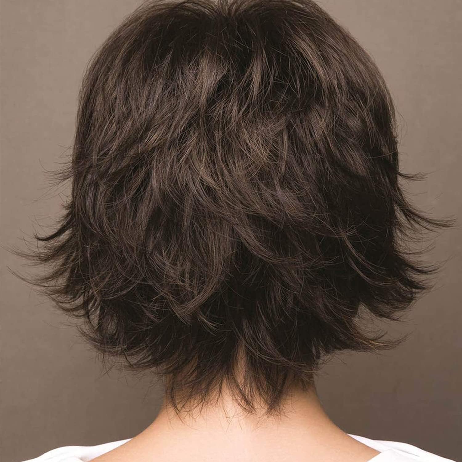 Short Wavy Pixie Cut Wigs Human Hair Mixed Synthetic, Dark Brown Blonde Highlights with Bangs, Breathable, Heat Resistant for Daily Life