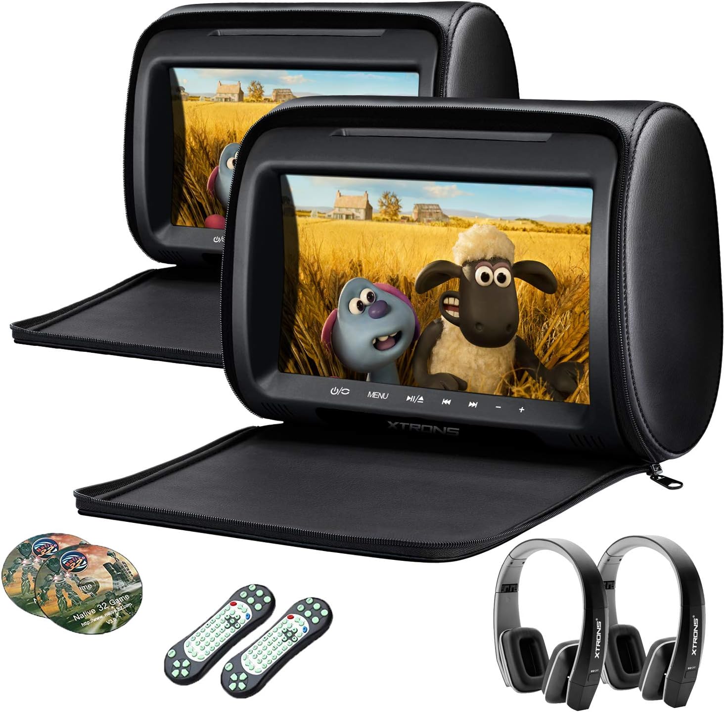 XTRONS Pair Car Headrest DVD Player, 9 Inch Screen Dual Vehicle Headrest Monitor Supports Slot-Load DVD Audios Videos, Games Disc, HDMI Input, USB, SD, IR with New Version Black IR Headphones
