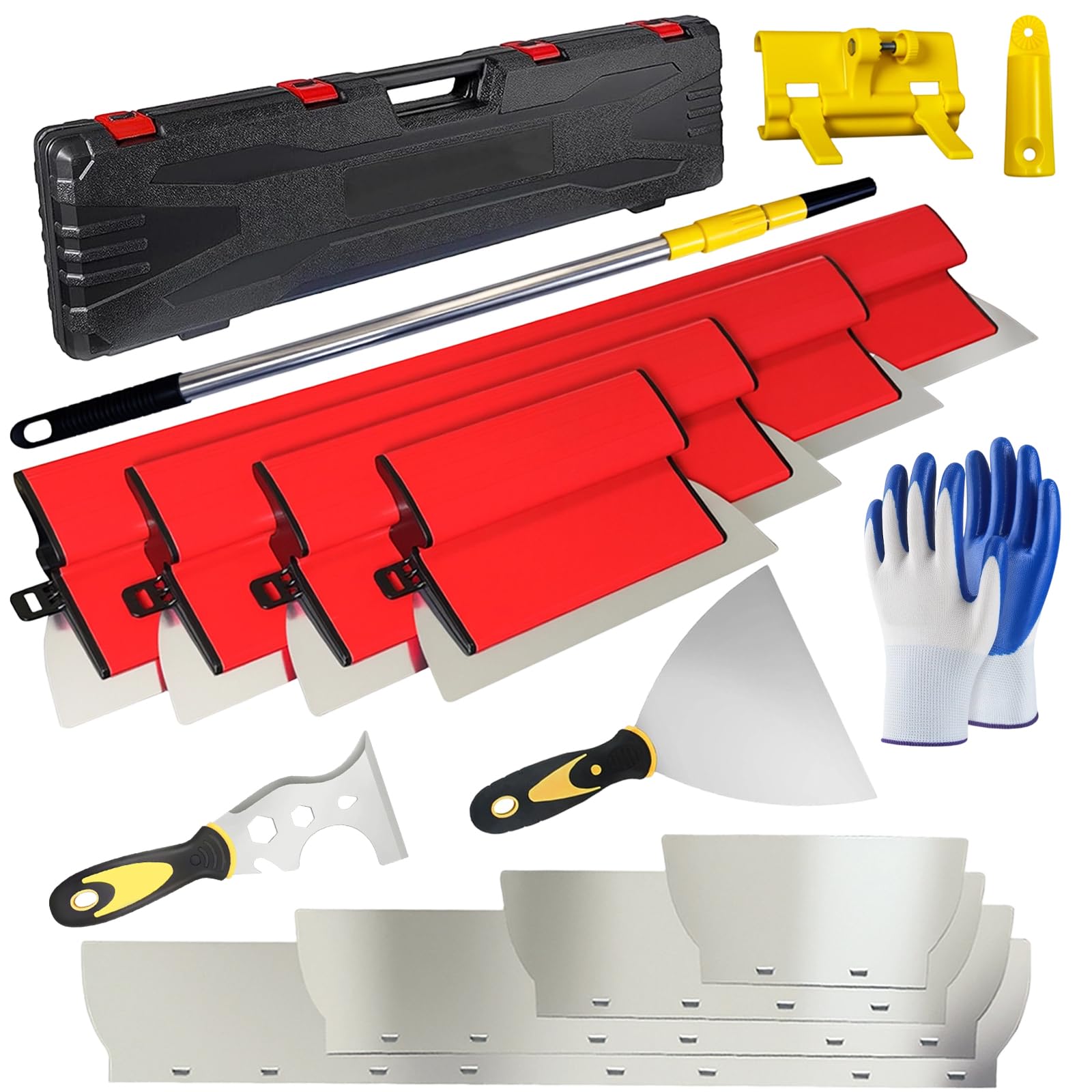 14 PCS Flächenspachtel Set Profi, 25/40/60/80 cm Spachtel Set mit 0,35 & 0,5 mm Edelstahlklingen, Teleskopstange 1,28 m & Koffer für Trockenbau, Glättkelle Set mit Handschuhen und Spachteln