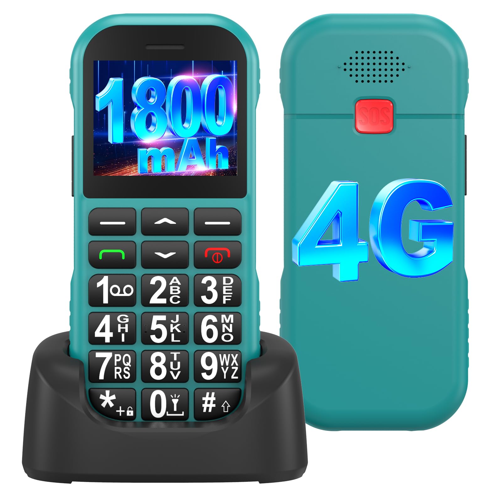 4G Telefono Cellulare per Anziani con Tasti Grandi | USB Tipo C Ricarica Rapida | 1800mAh Batteria | Volume Alto| Funzione SOS | Base di Ricarica | Chiamata Rapida | Sveglia | Facile da Usare | Verde