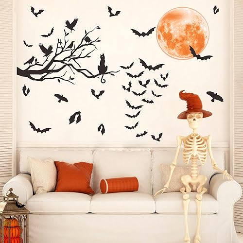 Vista 7 de Halloween Moon Wall Sticker Black Bat Wall Stickers Vinyl Crow Bird Tree Branch Wall Decals Removable Halloween Moon Bat Wall Decals Bats Window