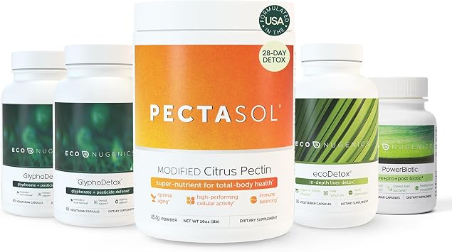 مجموعة مكملات EcoNugenics Advanced Detox Rescue للتطهير لمدة 28 يومًا باستخدام PectaSol لربط السموم، وGlyphoDetox للدفاع عن المبيدات الحشرية، وecoDetox لدعم الكبد، وPowerBiotic لصحة الأمعاء