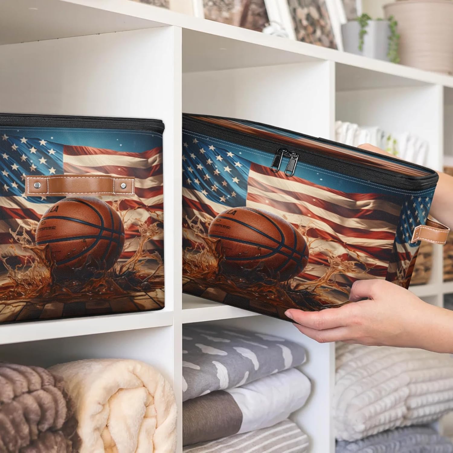 Storage Bin Set of 2 Flag Basketball Storage Basket with Zipper Lid & Handle Foldable Closet Shelf 2 Pack Cloth Organizer Basket Cube Bins Clothes Organizer for Nursery, Bedroom