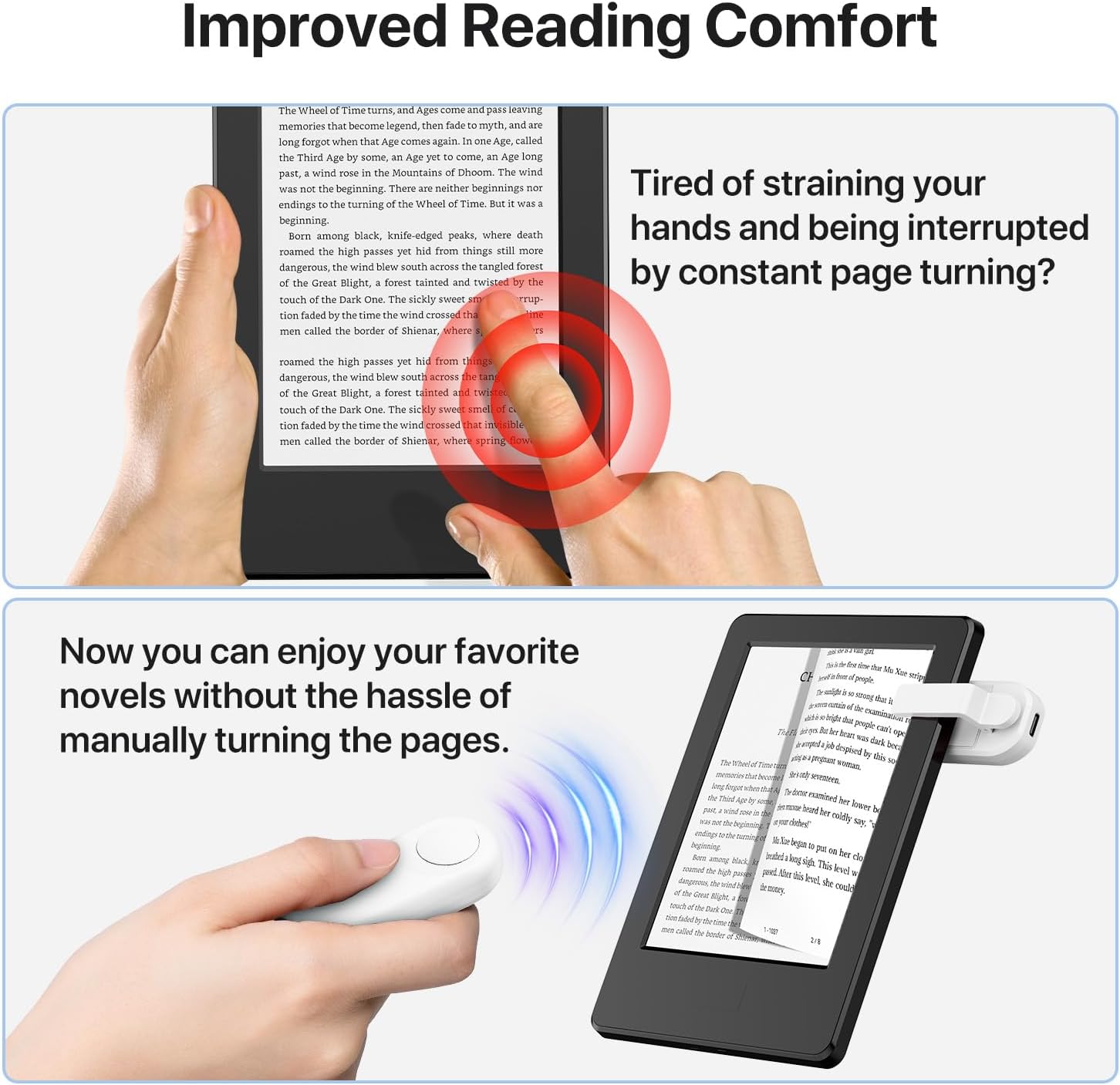 Image displaying various e-readers and tablets, with a list of compatible devices for the remote page turner.