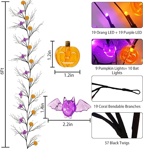 Miniatura 4 de Guirnalda de decoración de ramitas de sauce de Halloween de 6 pies con 57 luces LED con temporizador, 9 calabazas y 7 murciélagos, impermeable,
