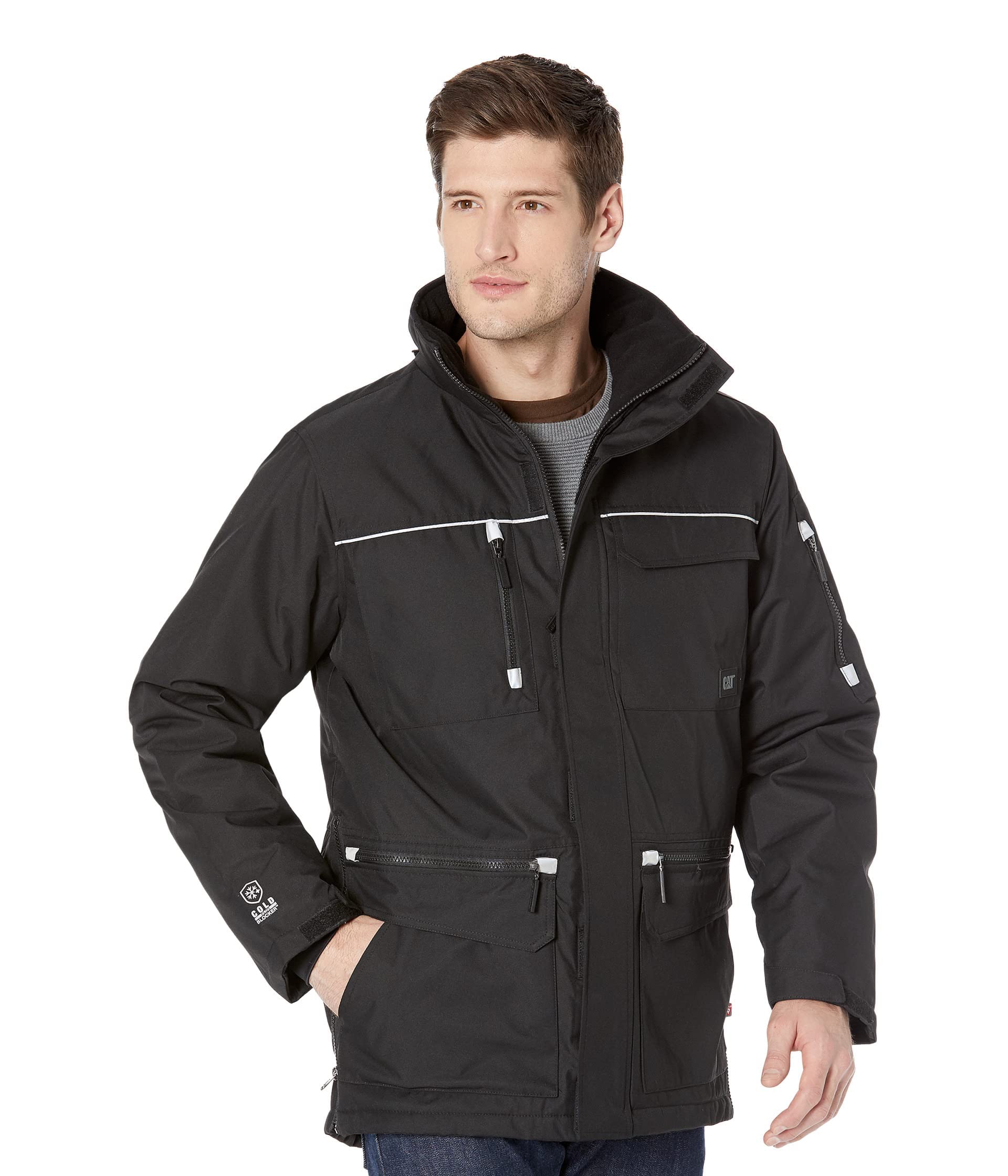 Caterpillar Insulated Work Parker Black - Dual Layer Storm Flaps, Right Chest Zip Closure Pocket