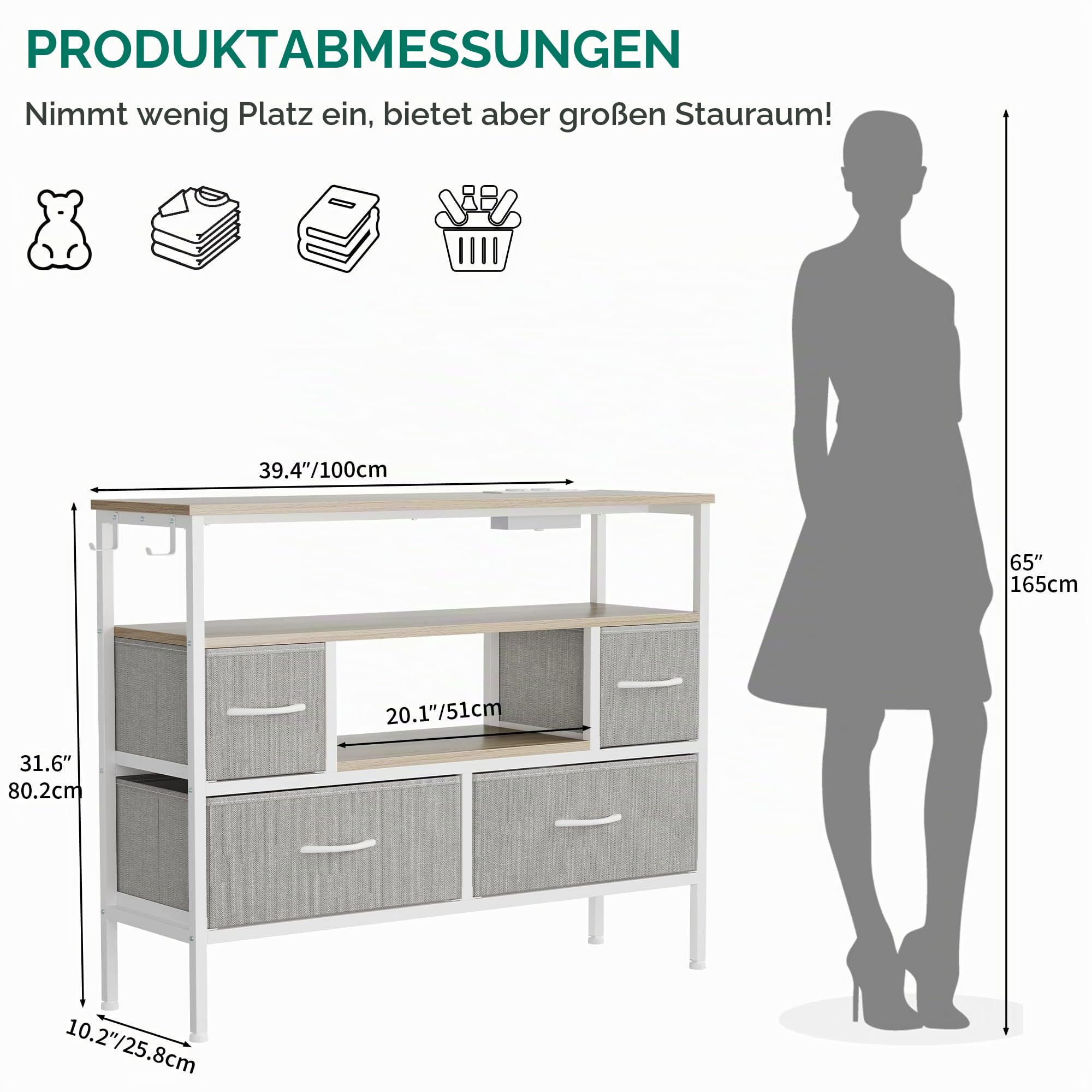 YITAHOME Kommode mit Steckdosen & LED-Leuchten, Stoffkommode mit 4 Schubladen & 2 Haken, geeignet für Fernseher bis zu 32 Zoll, Stoffkommodenschrank für Schlafzimmer, Wohnzimmer, Homeoffice, Hellgrau