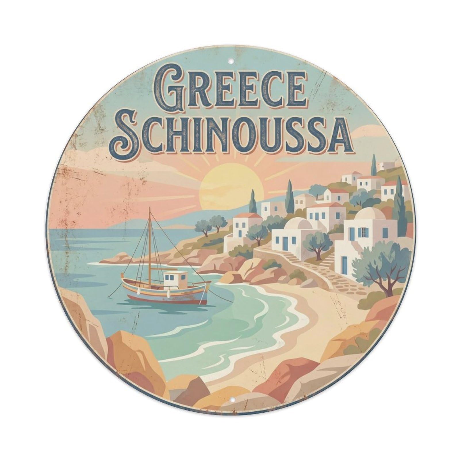 Schinoussa Secluded Greek Heritage Travel Destination Metal Tin Sign Plaque Wall Decor for Cafe, Man Cave, Club Bar, Office, Home Garden Round Metal Poster 8x8Inch