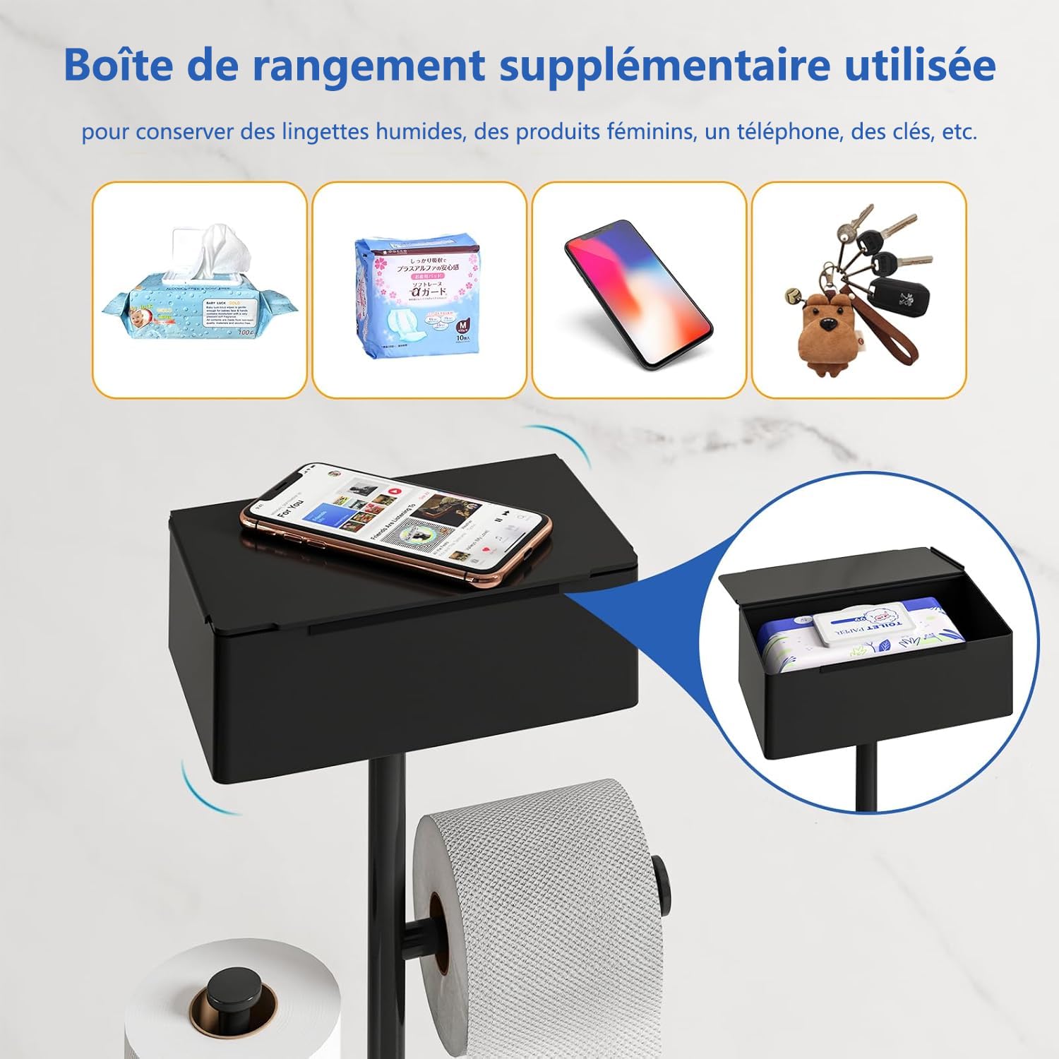 GUIGUZI Porte Papier Toilette avec Brosse WC - Porte Rouleau Debout en Acier Inoxydable, Ensemble Brosse et Dérouleur Papier Aucun Perçage Requis