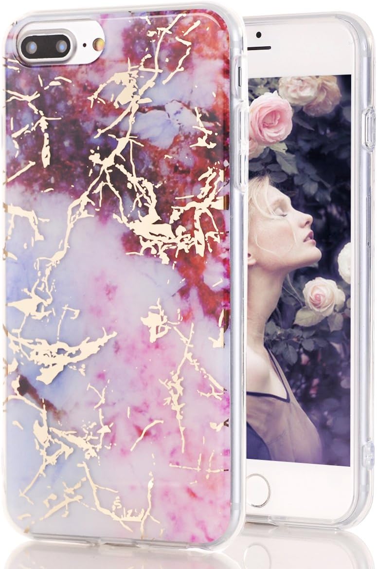 Spevert iPhone 7 Plus Case,iPhone 8 Plus Case, Marble Pattern Hybrid Hard Back Soft TPU Raised Edge Ultra-Thin Shock Absorption Protective Case for iPhone 7 Plus/iPhone 8 Plus - Pink Red