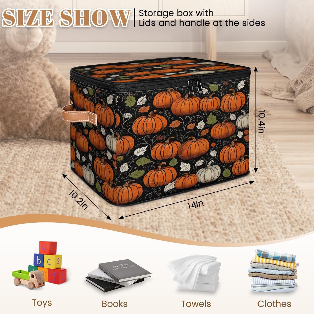 Storage Bin Set of 2 Fall Pumpkin Storage Basket with Zipper Lid & Handle Foldable Closet Shelf 2 Pack Cloth Organizer Basket Cube Bins Clothes Organizer for Bedroom, Nursery