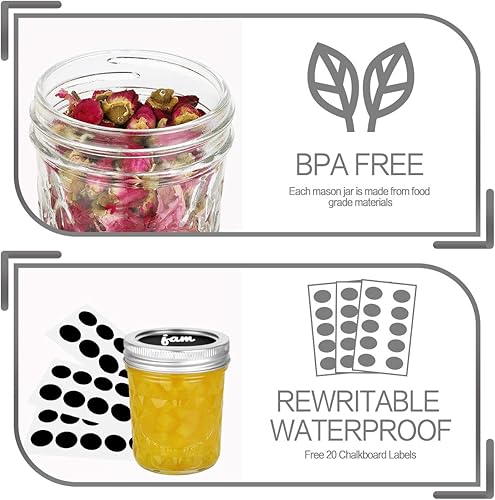 Miniatura 4 de VERONES Tarros Mason de 6 onzas, paquete de 20 tarros de 6 onzas, tarros de gelatina con tapas, ideales para mermelada, miel, recuerdos de boda,