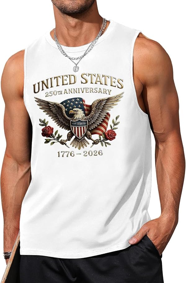 HQP 250th Anniversary USA Shirt for Men Patriotic Bald Eagle Tank Tops 4th of July T-Shirt Memorial Day Tops White by HQP - Used condition - US$16.24