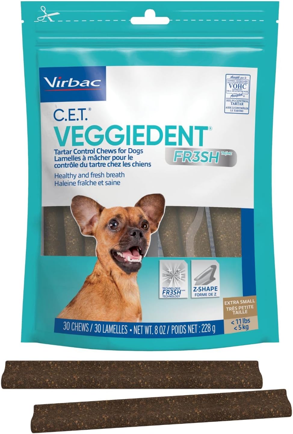 Virbac C.E.T.® VEGGIEDENT® FR3SH® Tartar Control Chews for Dogs with digestive health support, VOHC Approved, Extra Small <11lbs