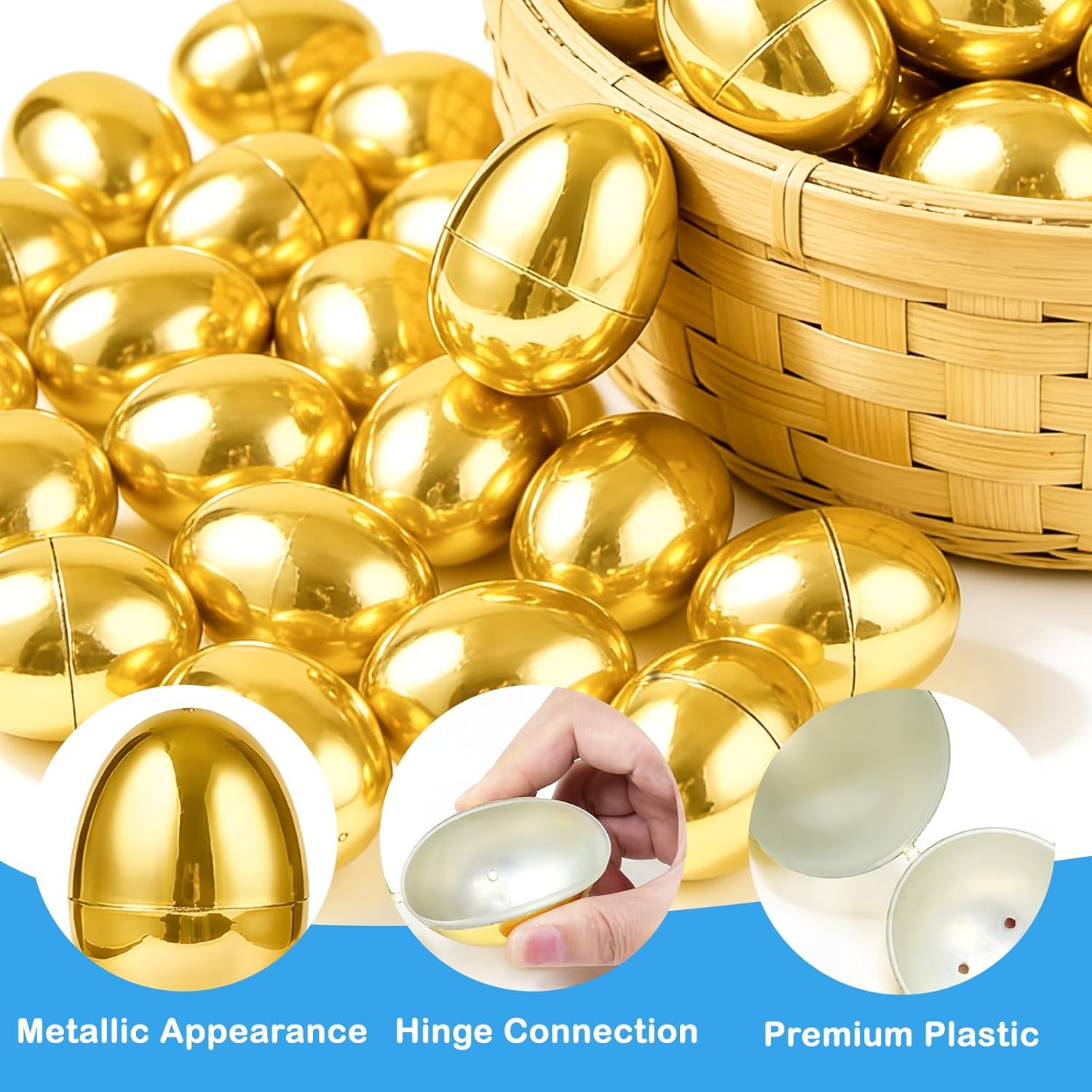 TURNMEON 36PCS Plastic Golden Easter Eggs, 2.36" Fillable Empty Gold Easter Eggs Bulk for Easter Basket Stuffers Fillers, Fillling Candy Treats Toys Eggs Hunt Classroom Prize Supplies and Party Favors