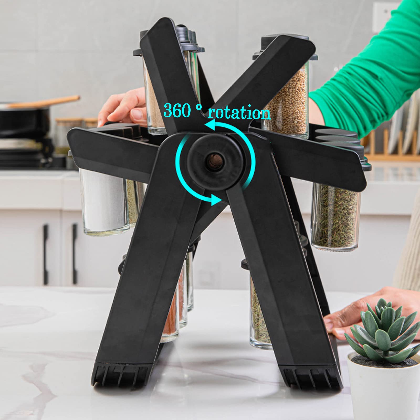 Carosello delle spezie, tornello delle spezie a 360°, ripiano per Erbe e spezie con 18 barattoli di Vetro – giostra Rotante per Piano Cucina,Nero