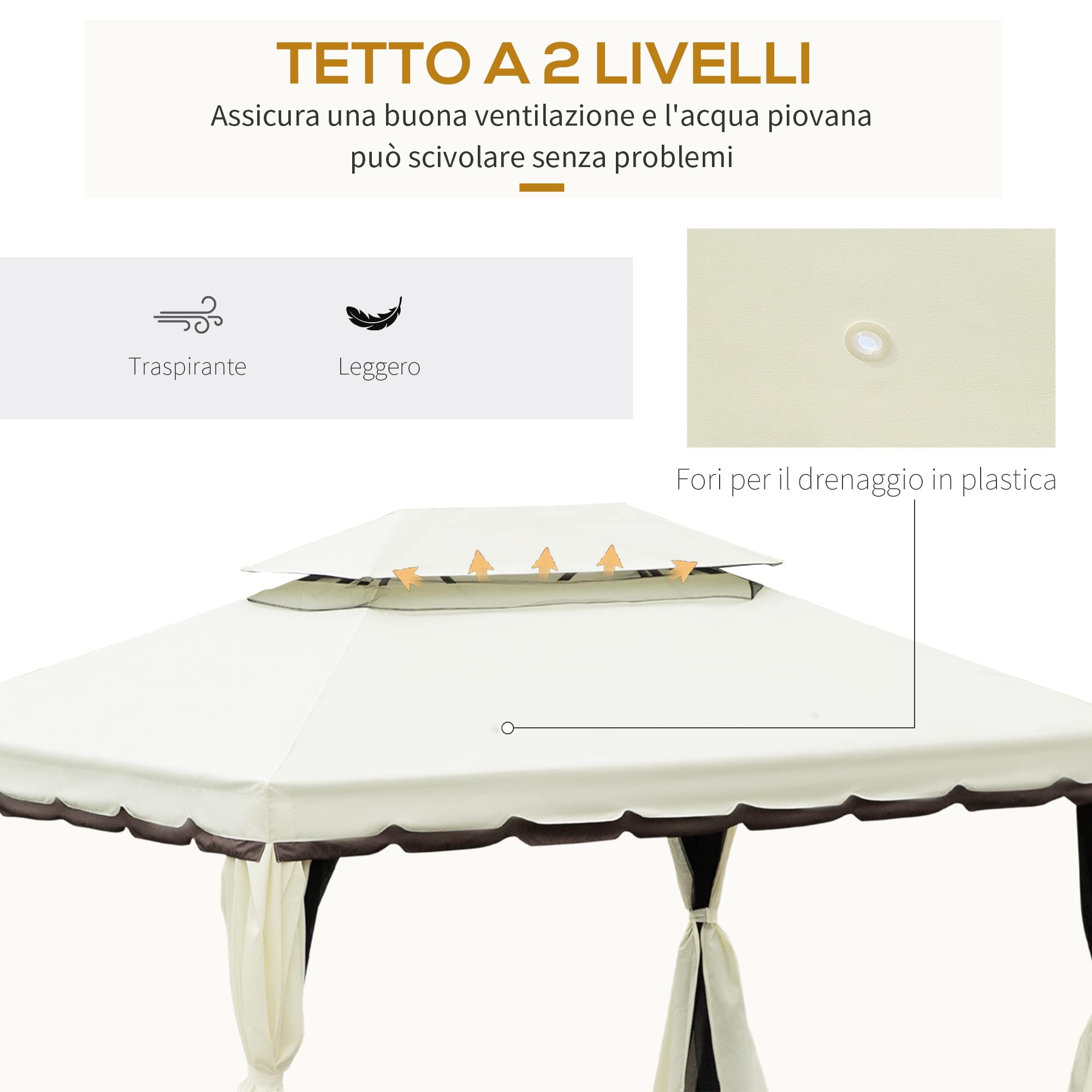 Outsunny Gazebo da Giardino 4x3 m con Zanzariera e Tende Parasole, Doppio Tetto, Anti UV, Alluminio, Crema