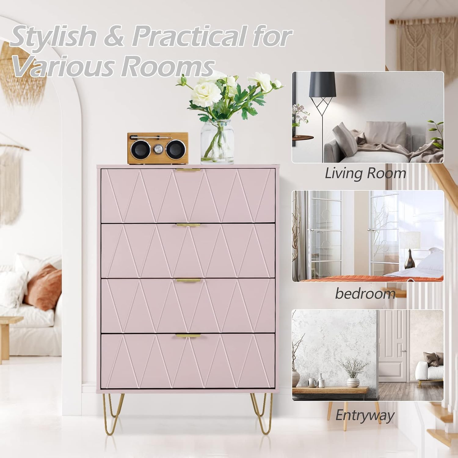 Anbuy Pink 4 Drawer Dresser, Drawer Chest, Tall Storage Dresser Cabinet Organizer Unit with Metal Legs for Bedroom, Living Room, Closet Grey