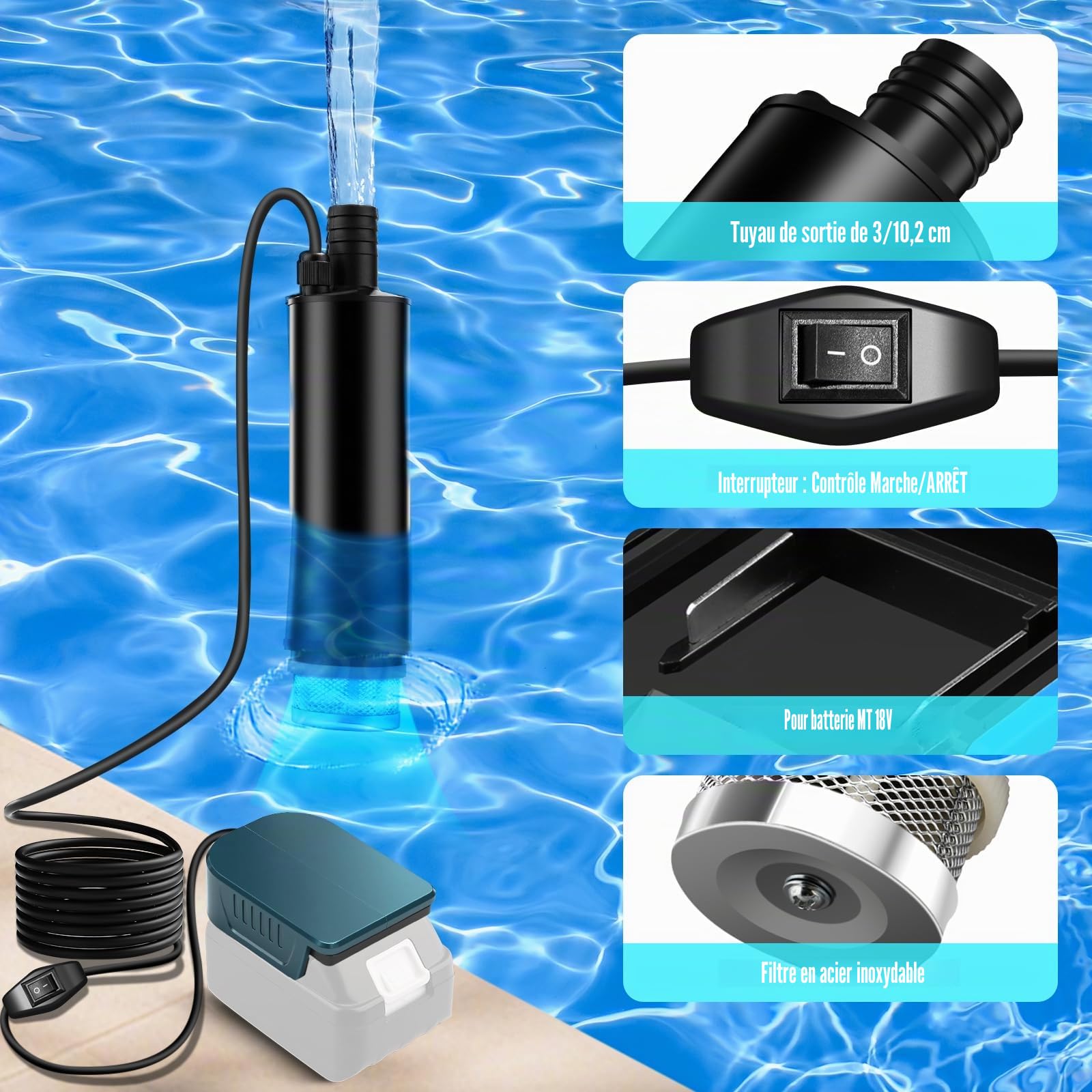 Pompe submersible sans fil Kistrba compatible avec batterie Makita 18 V, pompe à eau portable, 500 GPH avec tuyau de 1 m, pour piscine, lits à eau, douche