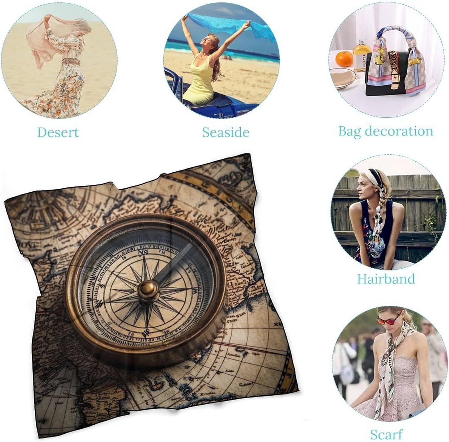 Nautical World Map Ocean Map Bandana Fashion Head Scarf Square Silk Scarf Print Neck Hair Scarfs for Women Men Gifts