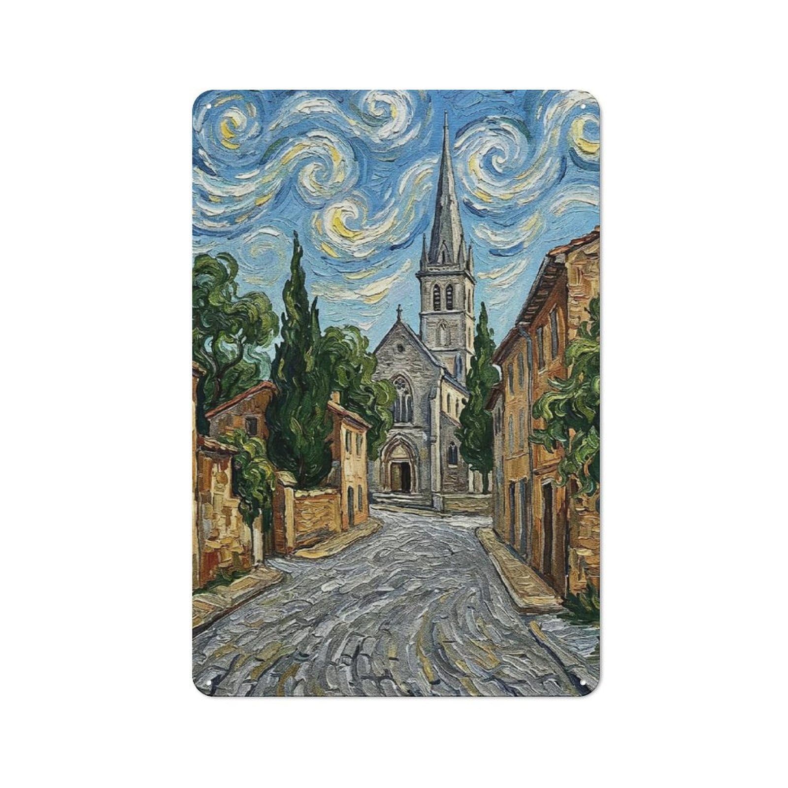 Junmoney Style-11 Creative Impressionistic Church In A European Town Tin Sign 30X20cm, Study Room Decor For Workspace, Cafe, Shop Or Desk Area