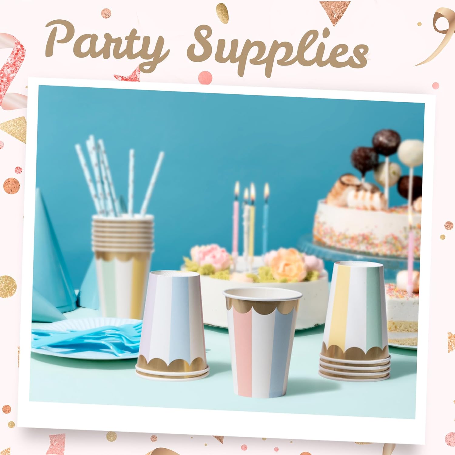 Disposable Paper Coffee Cups, Bulk 100 Pack, Pastel Stripes, Leak-Resistant, 12 oz Hot and Cold Cups for Restaurants and Parties - Image 2