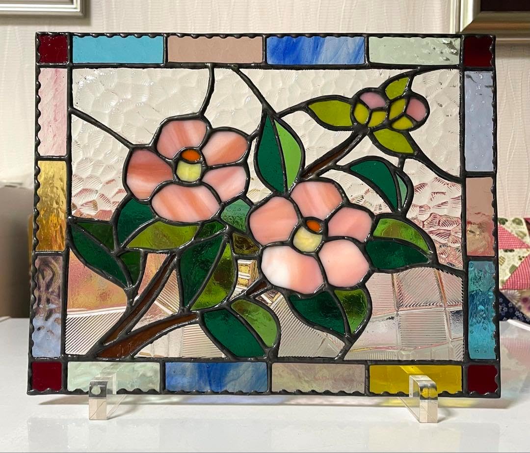 ステンドグラスパネル椿 ツバキの花 小パネル | ワイズ・ワーク