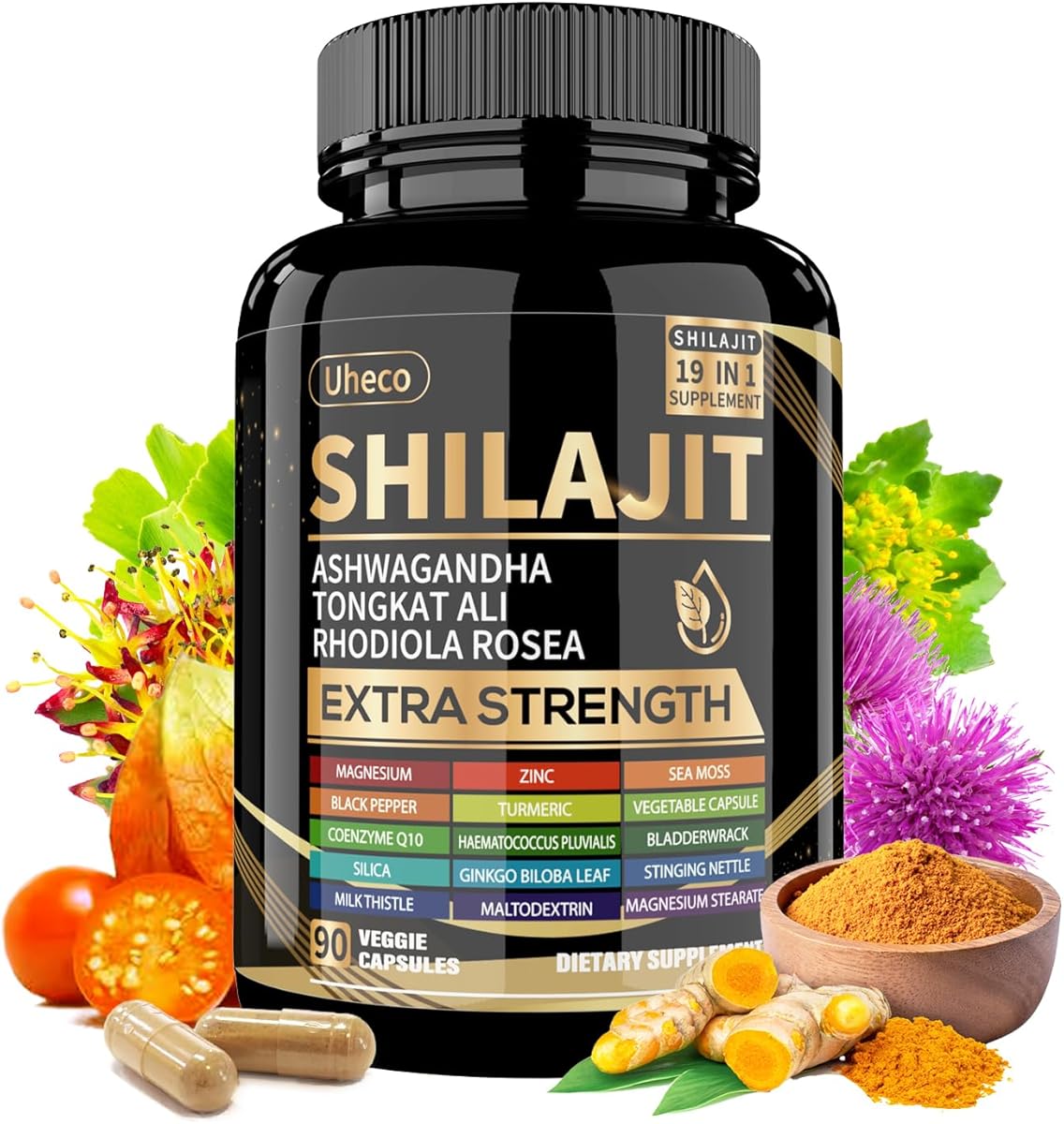 Uheco Shilajit Supplement with Sea Moss, Ashwagandha, Tongkat Ali - Shilajit Pure Himalayan Organic Fulvic Acid Capsules - 90 Count