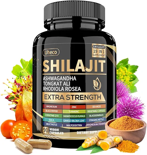 Uheco Shilajit Supplement with Sea Moss, Ashwagandha, Tongkat Ali - Shilajit Pure Himalayan Organic Fulvic Acid Capsules - 90 Count