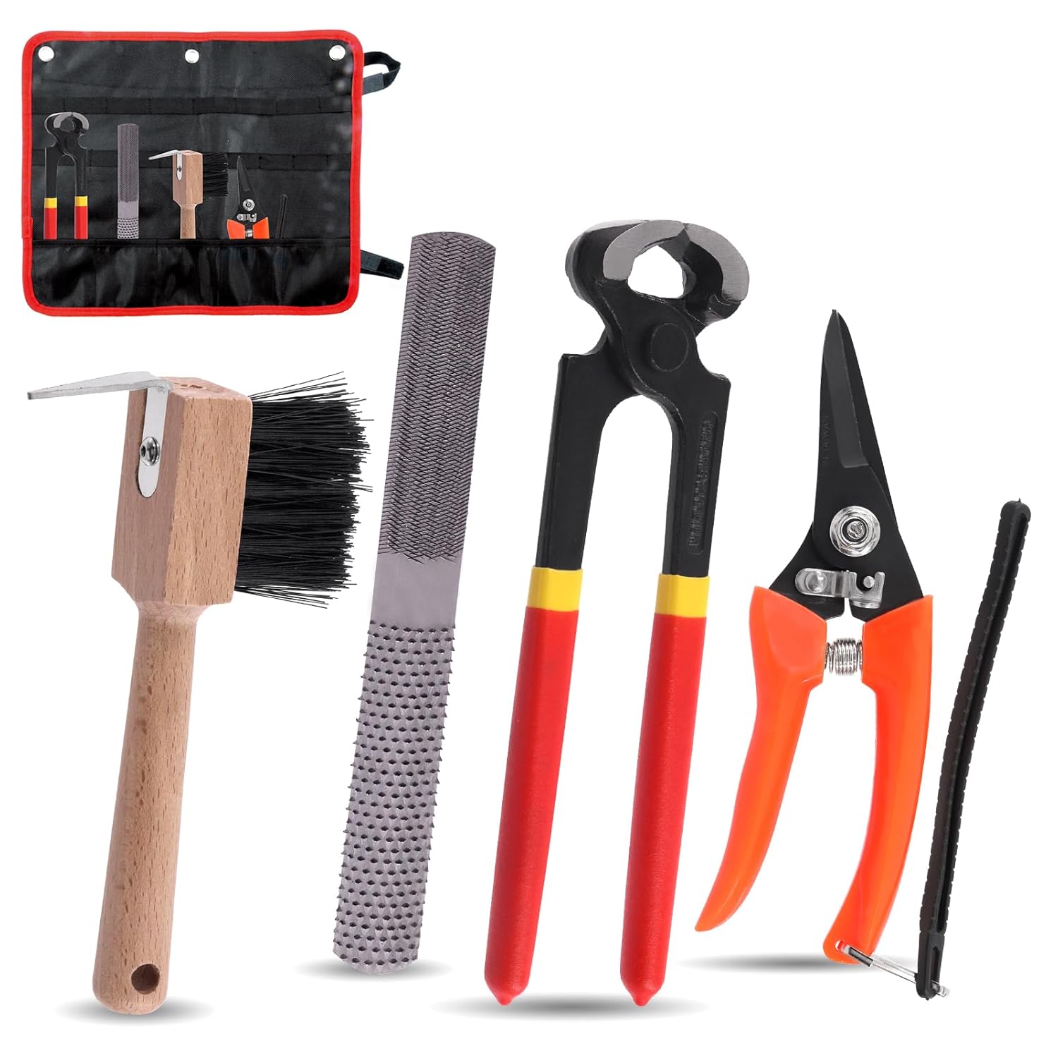 5Pcs Professional Farrier Tools Kit with Roll Pack Hoof Trimming Tools Set Includes Hoof Nipper, Hoof Trimming Shears, Hoof Rasp, Hoof Cutter for Horse