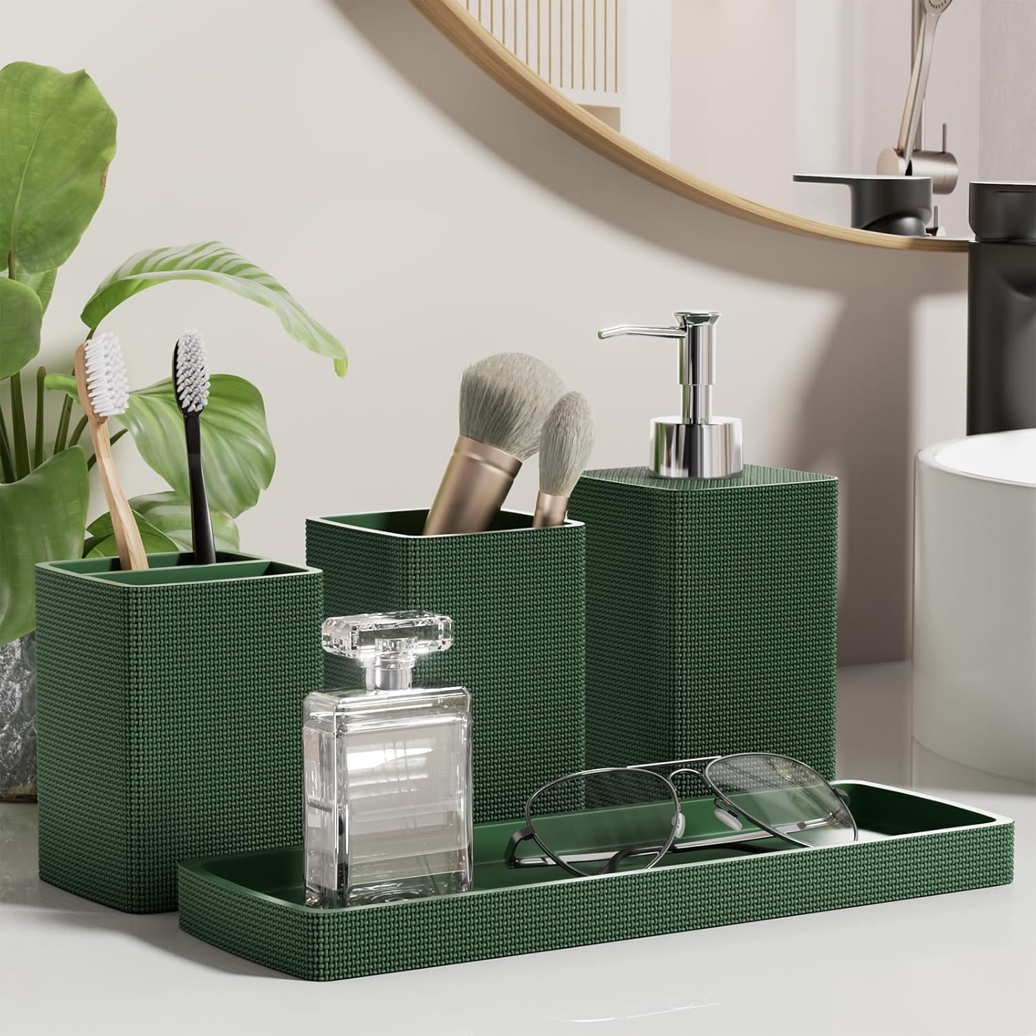 Green Bathroom Set, Dark Green Bathroom Accessories Set with Shower Curtain and Rugs, Bath Towel Sets, Natural Loofah Sponge, Soap Dispenser, Toothbrush Holder, Toothbrush Cup and Tray for Bathroom