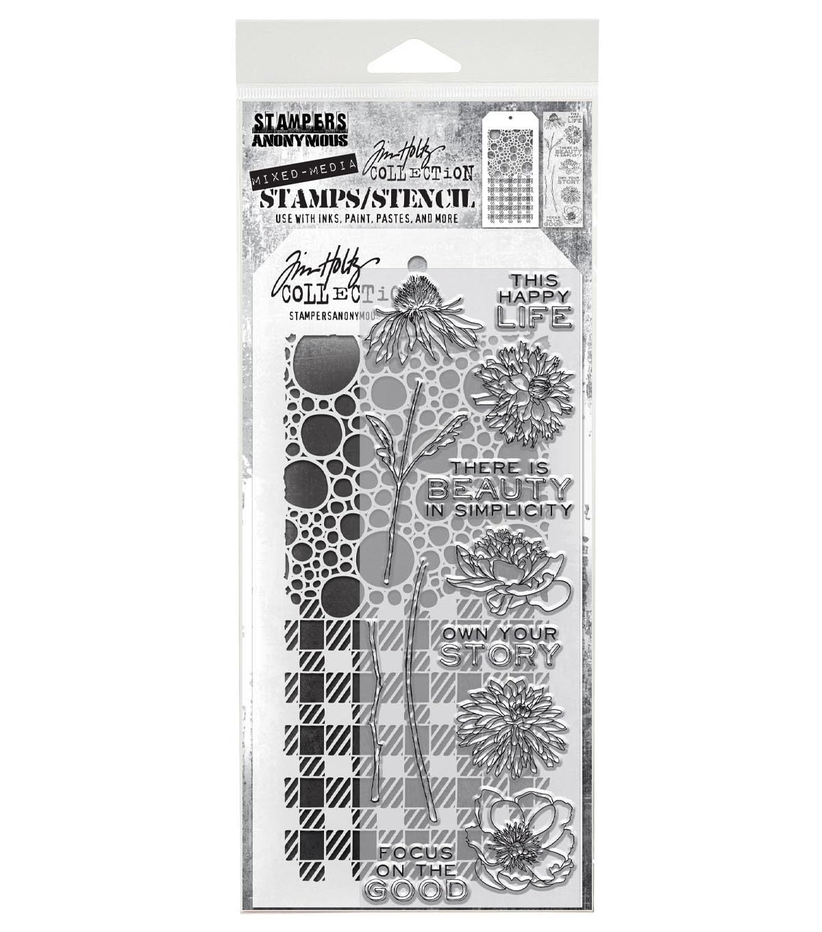 Tim Holtz Collection Stamper's Anonymous Tim Holtz Bubbles Plaid Gingham Flowers Beauty Mixed Media Stamp and Stencil Set THMM124