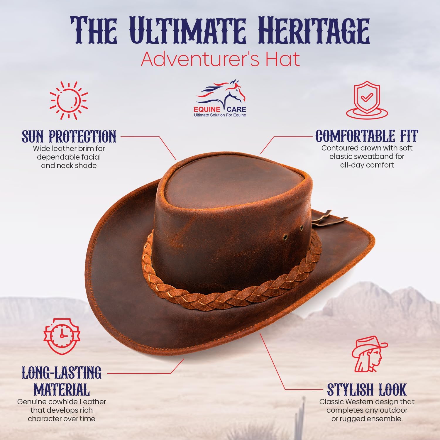 Equine Care Leather Cowboy Hat for Men & Women - Genuine Cowhide Western Hat with Shapeable Brim, Chin Strap, Rustic Brown Outback Ranch Rodeo Riding Hat,