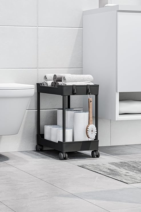 Siyah 2 Katlı Tekerlekli Düzenleyici Mutfak ve Banyo Rafı
